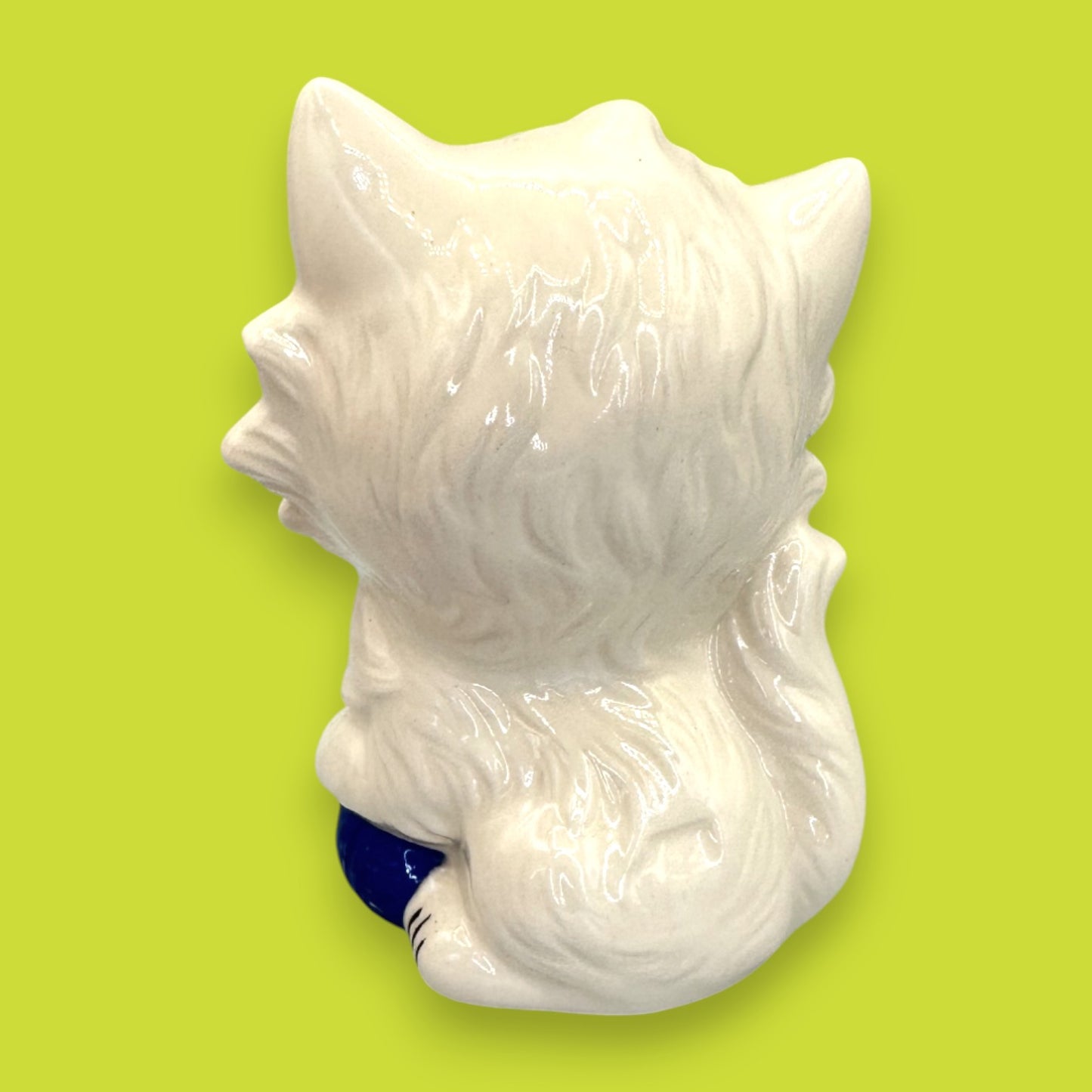 Vintage White Ceramic Cat Figurine with Red Bow and Blue Yarn