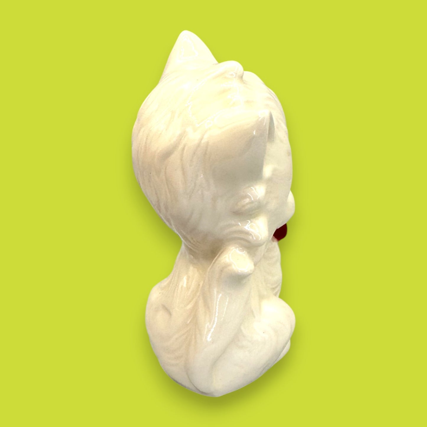 Vintage White Ceramic Cat Figurine with Red Bow and Blue Yarn
