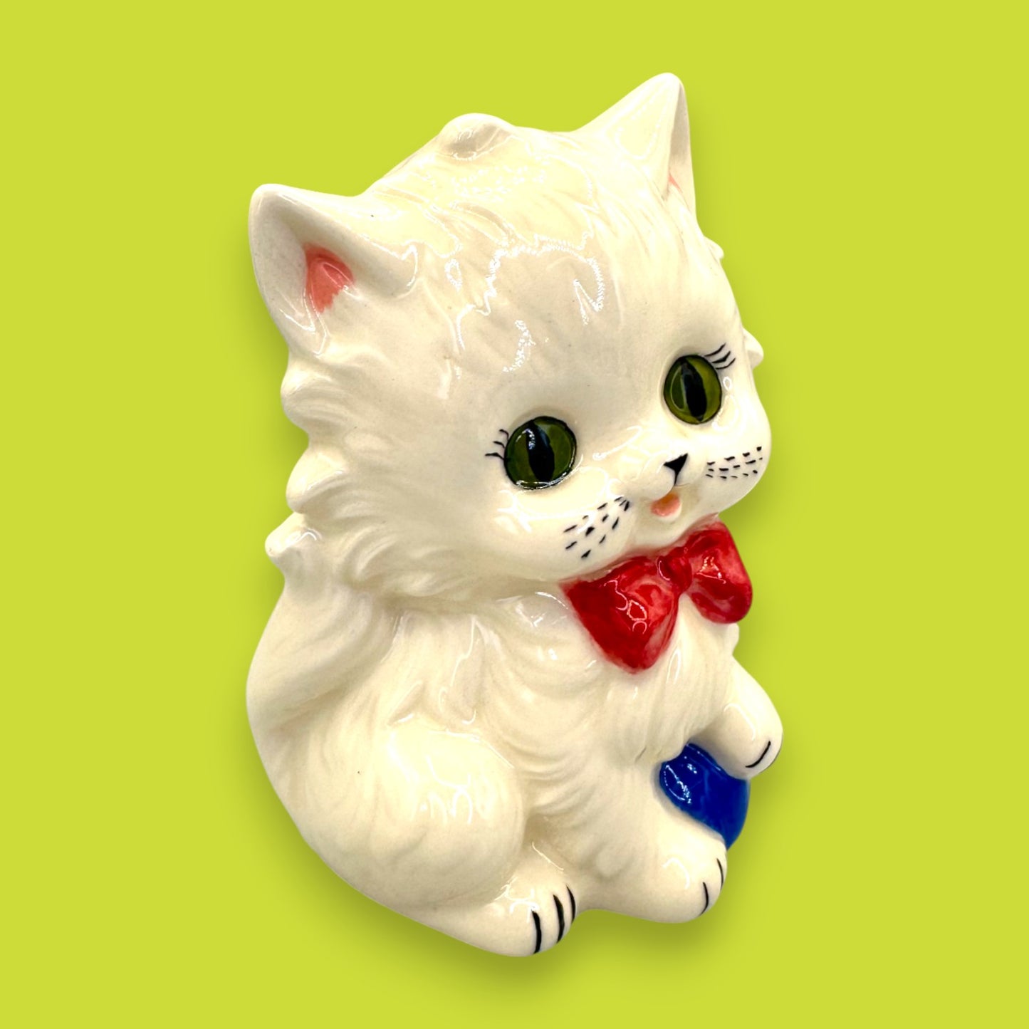 Vintage White Ceramic Cat Figurine with Red Bow and Blue Yarn