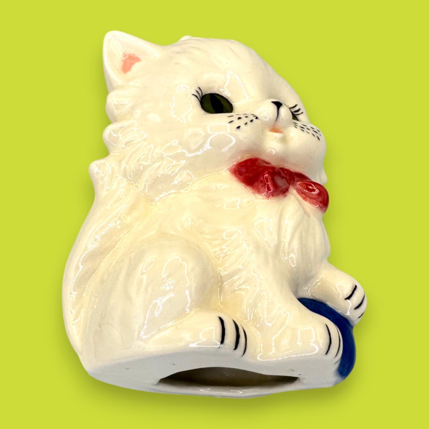 Vintage White Ceramic Cat Figurine with Red Bow and Blue Yarn