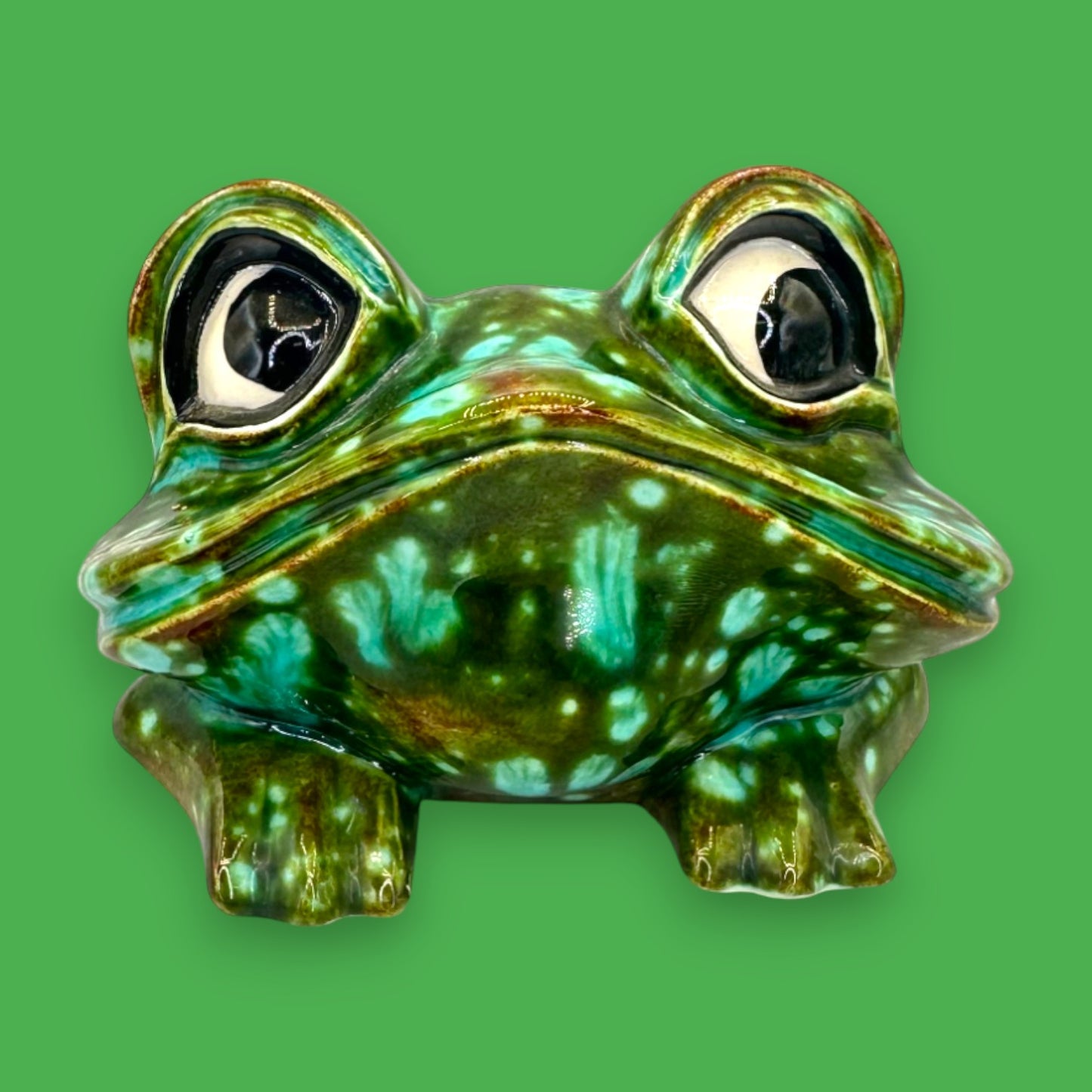 Vintage Arnels Green Ceramic Frog Figurine Cosmic Glaze Mid Century