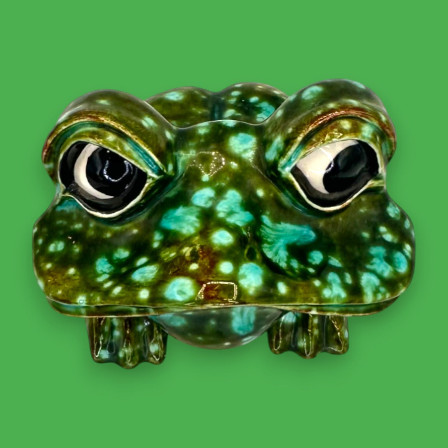 Vintage Arnels Green Ceramic Frog Figurine Cosmic Glaze Mid Century