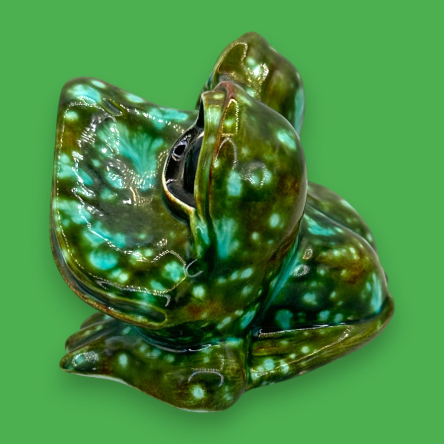 Vintage Arnels Green Ceramic Frog Figurine Cosmic Glaze Mid Century