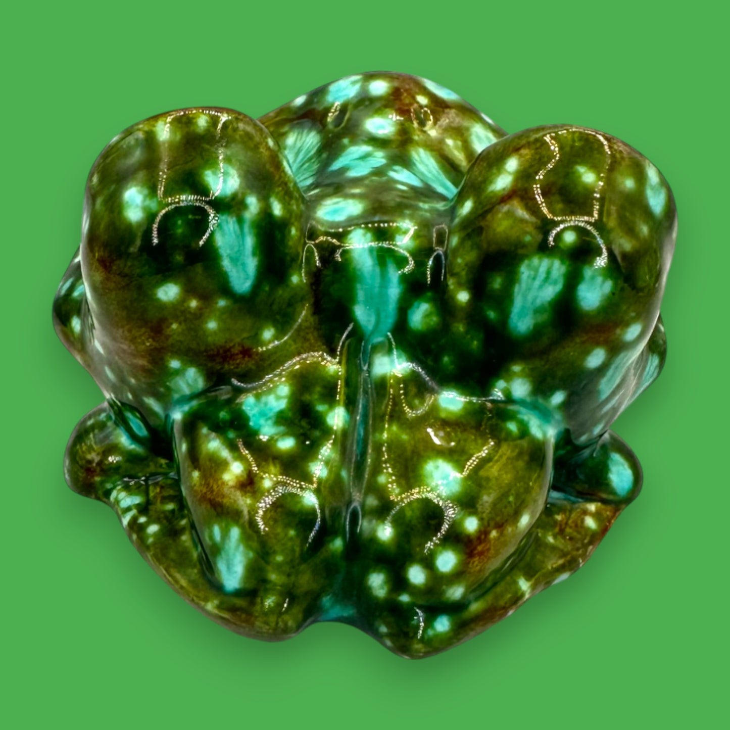 Vintage Arnels Green Ceramic Frog Figurine Cosmic Glaze Mid Century