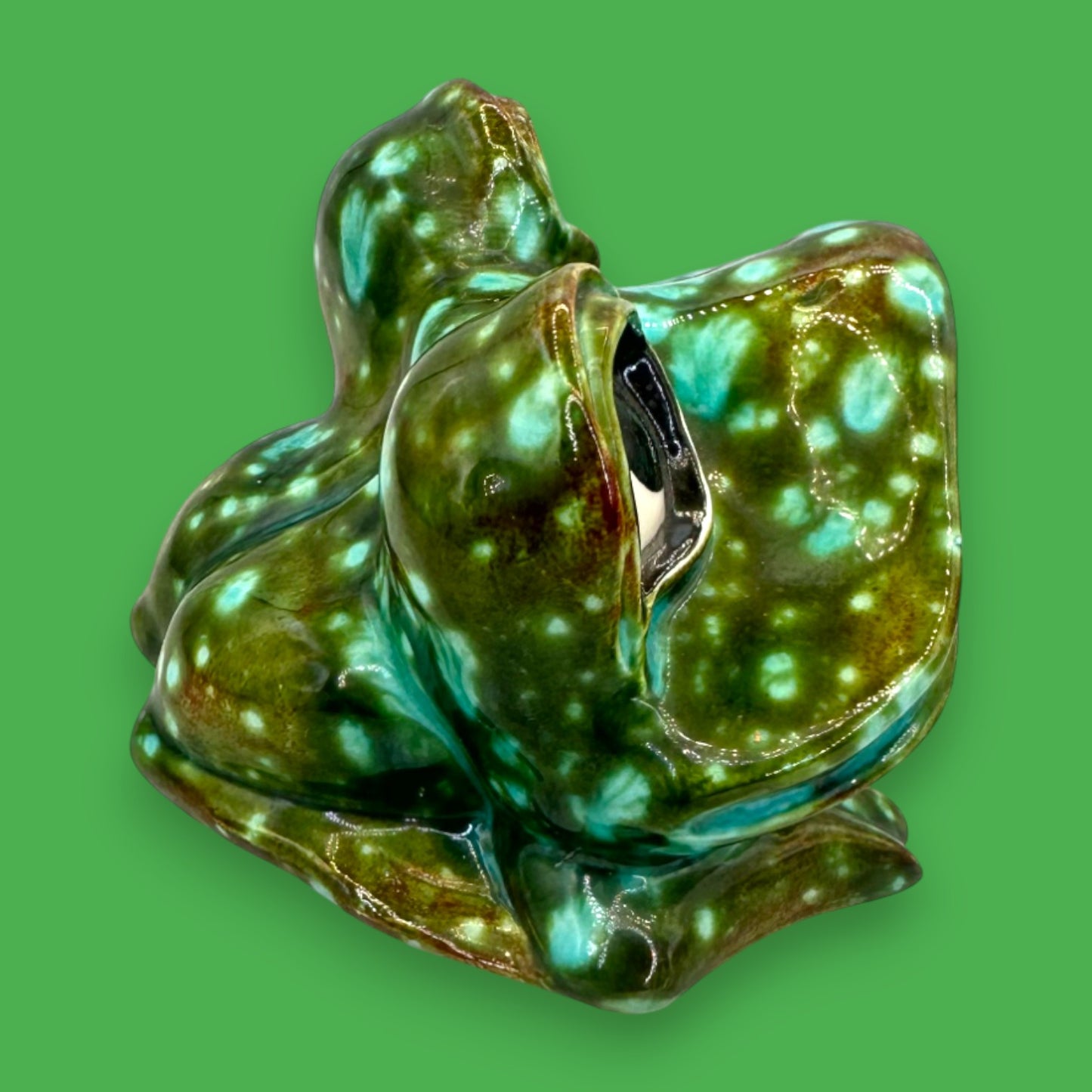 Vintage Arnels Green Ceramic Frog Figurine Cosmic Glaze Mid Century
