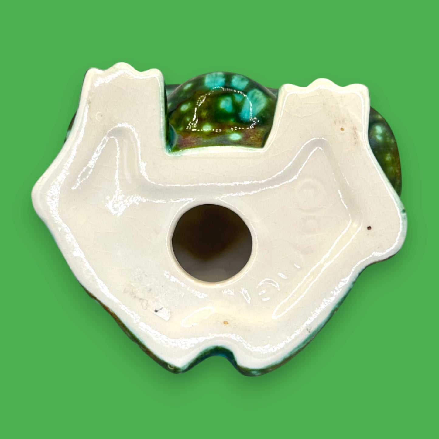 Vintage Arnels Green Ceramic Frog Figurine Cosmic Glaze Mid Century