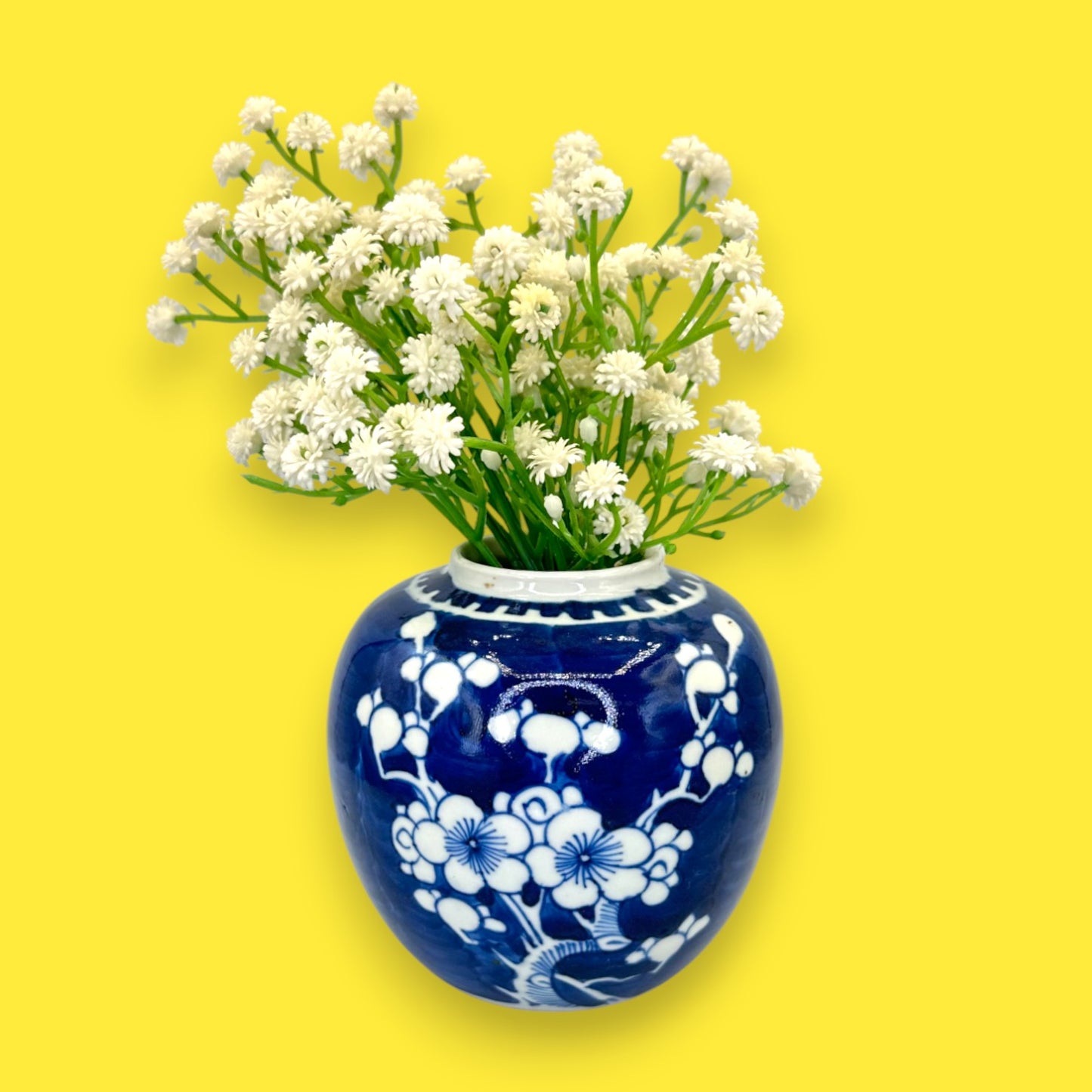 Vintage Hand-Glazed Chinese Floral Vase with White on Blue Motif