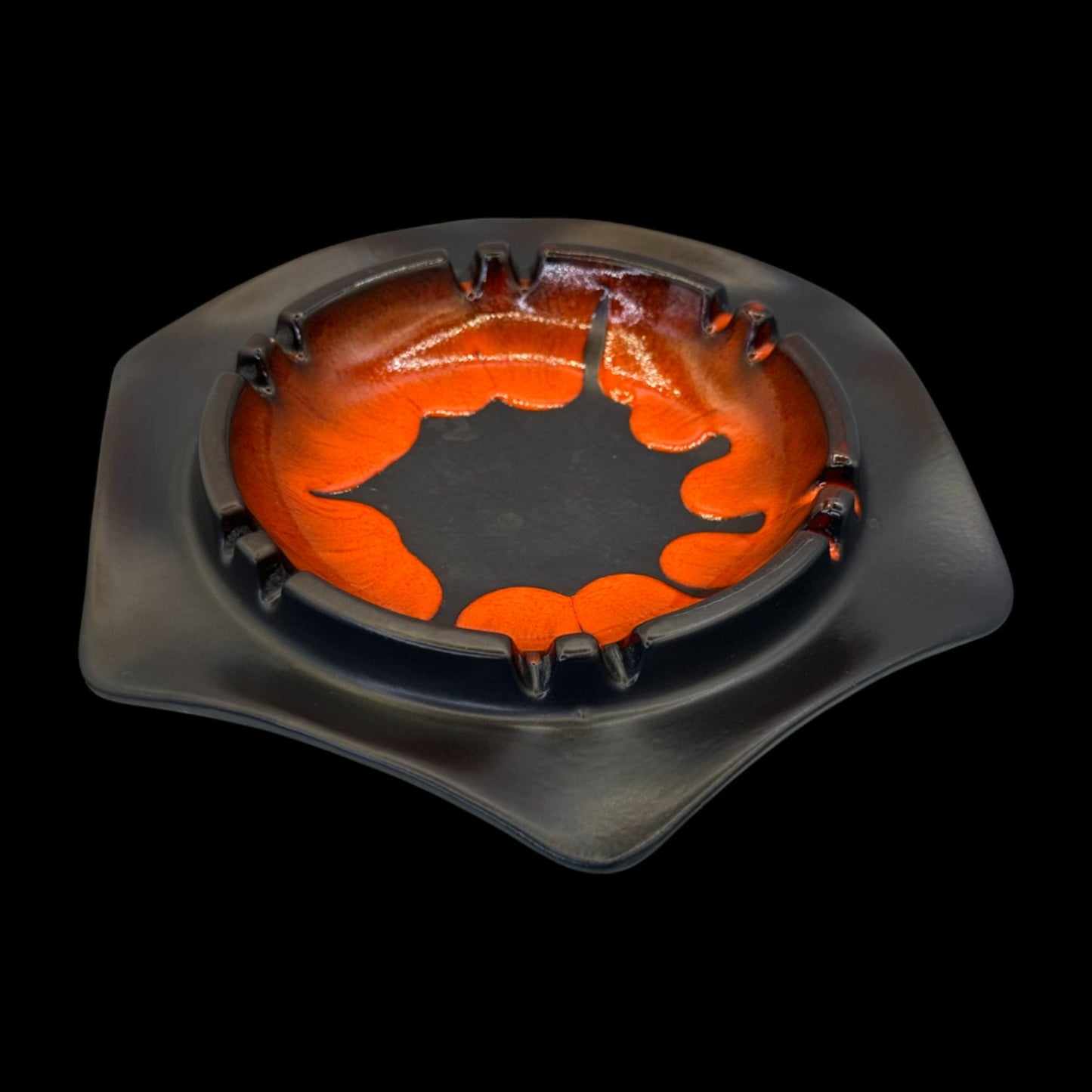 Beauceware Mid-Century Modern Drip Glaze Ashtray – Black & Orange Art Pottery