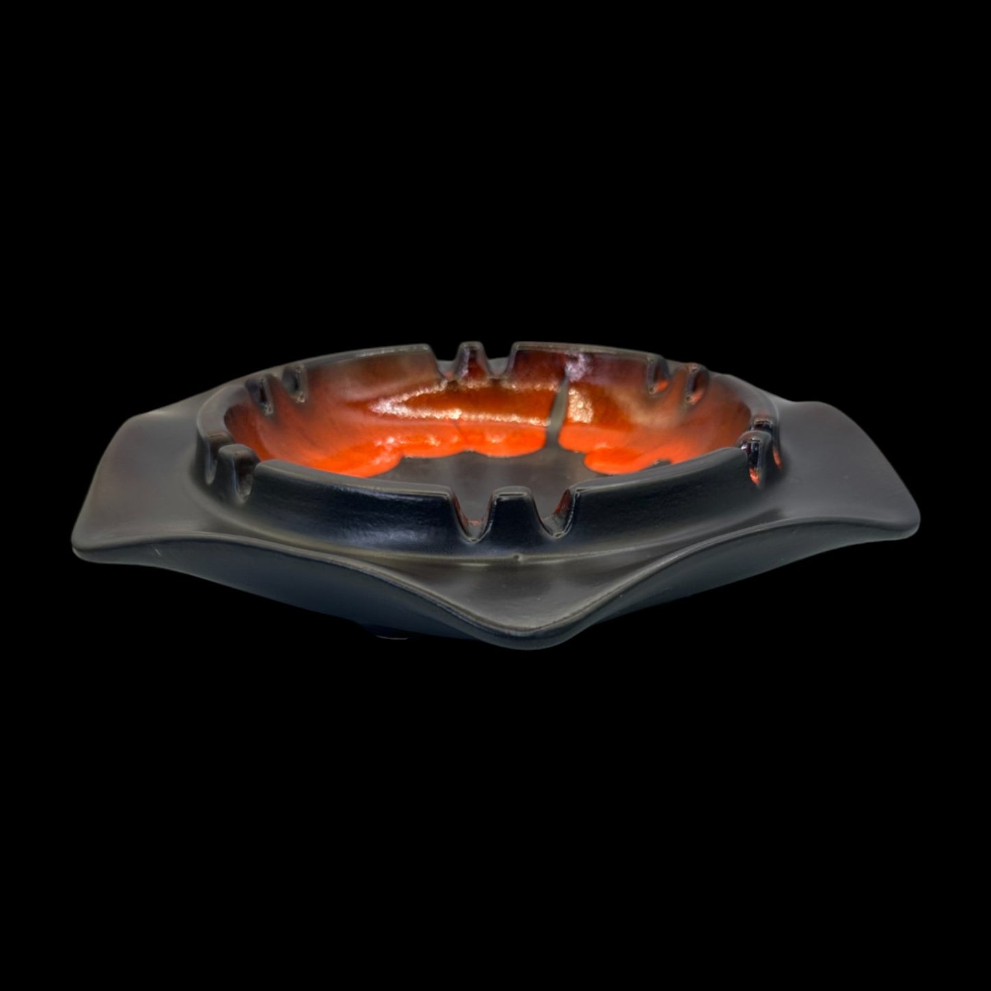 Beauceware Mid-Century Modern Drip Glaze Ashtray – Black & Orange Art Pottery