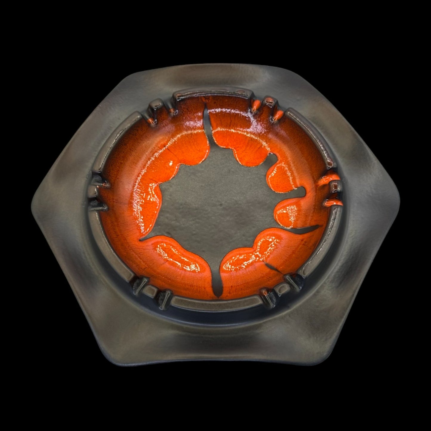 Beauceware Mid-Century Modern Drip Glaze Ashtray – Black & Orange Art Pottery