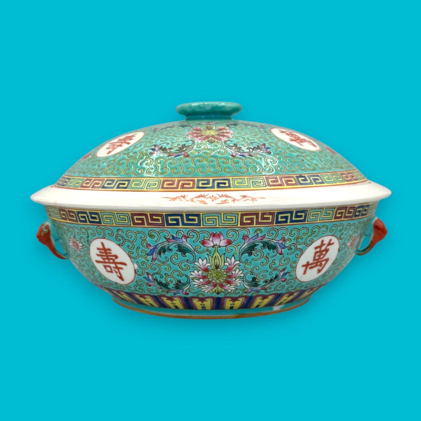 Vintage Chinese Mun Shou Porcelain Soup Tureen – Longevity Pattern Turquoise