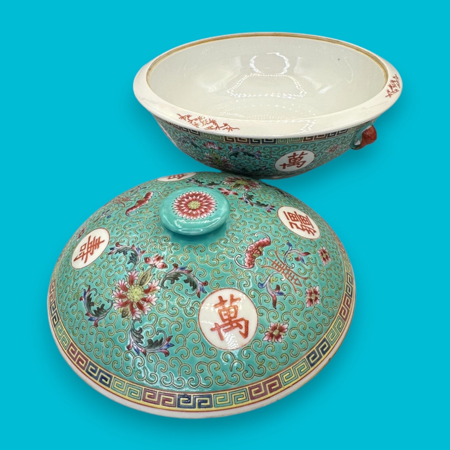 Vintage Chinese Mun Shou Porcelain Soup Tureen – Longevity Pattern Turquoise
