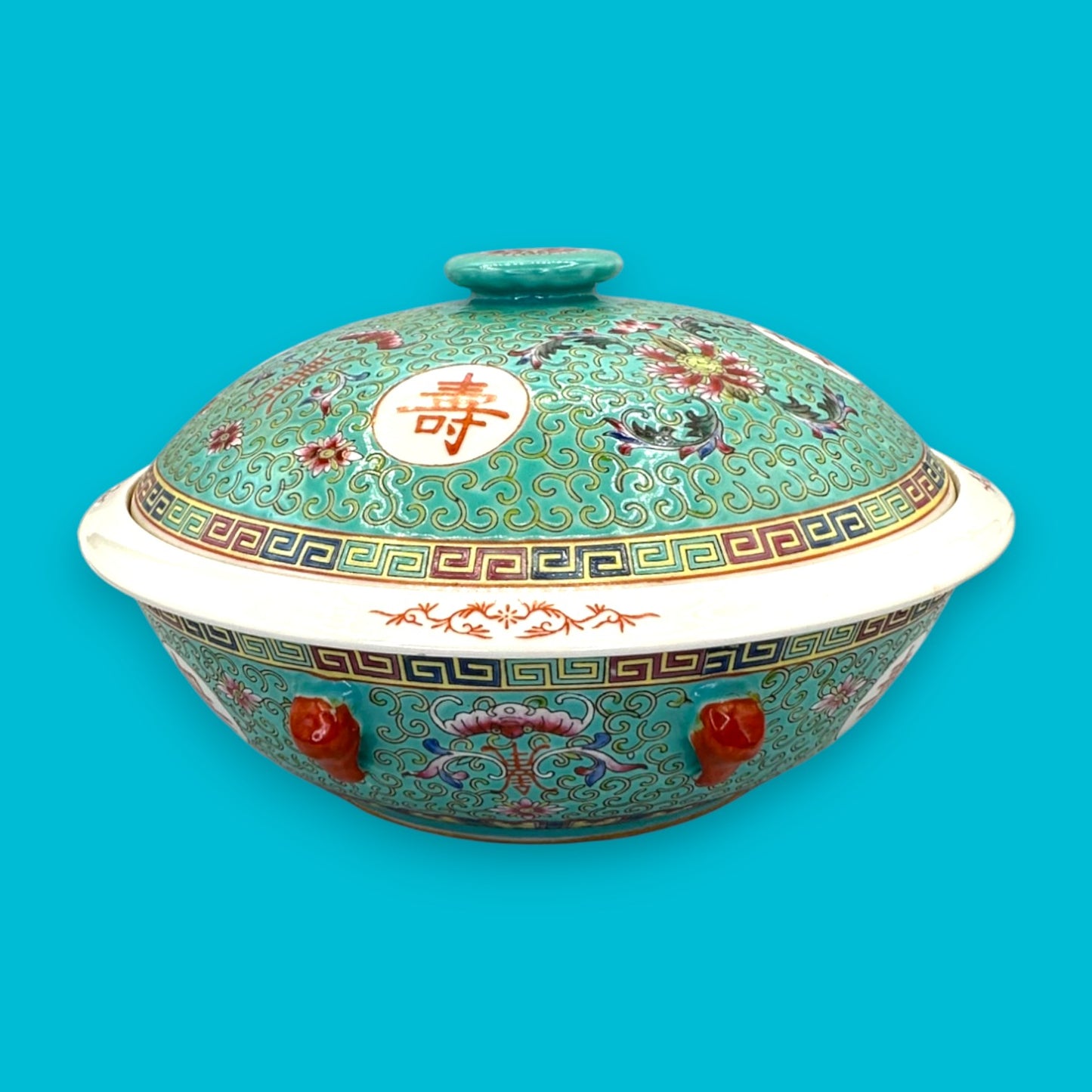 Vintage Chinese Mun Shou Porcelain Soup Tureen – Longevity Pattern Turquoise