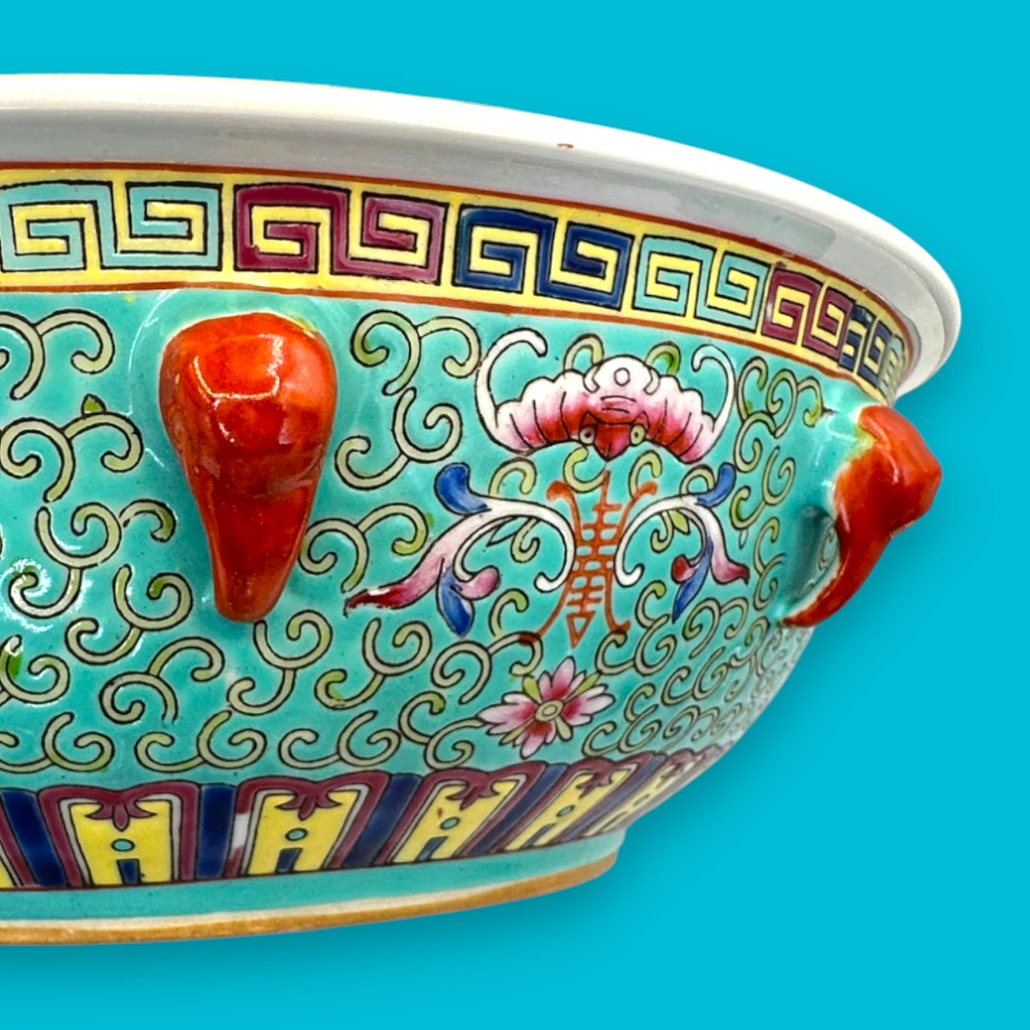 Vintage Chinese Mun Shou Porcelain Soup Tureen – Longevity Pattern Turquoise