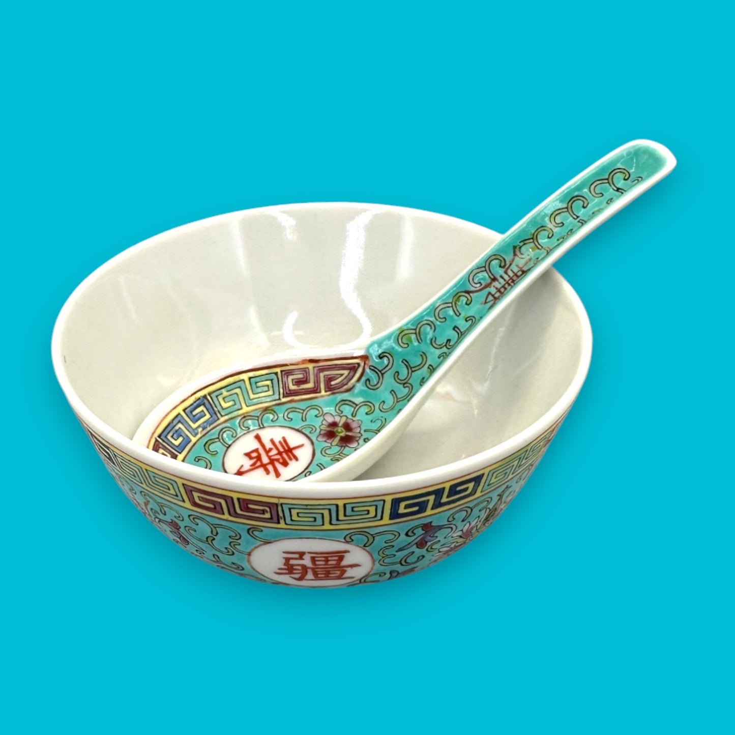 Vintage Chinese Mun Shou Porcelain Soup / Rice Bowl + Spoon – Longevity Pattern Turquoise