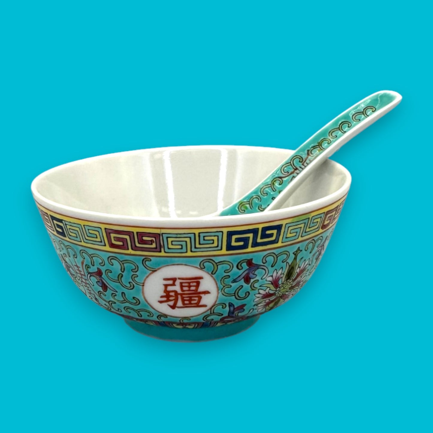 Vintage Chinese Mun Shou Porcelain Soup / Rice Bowl + Spoon – Longevity Pattern Turquoise