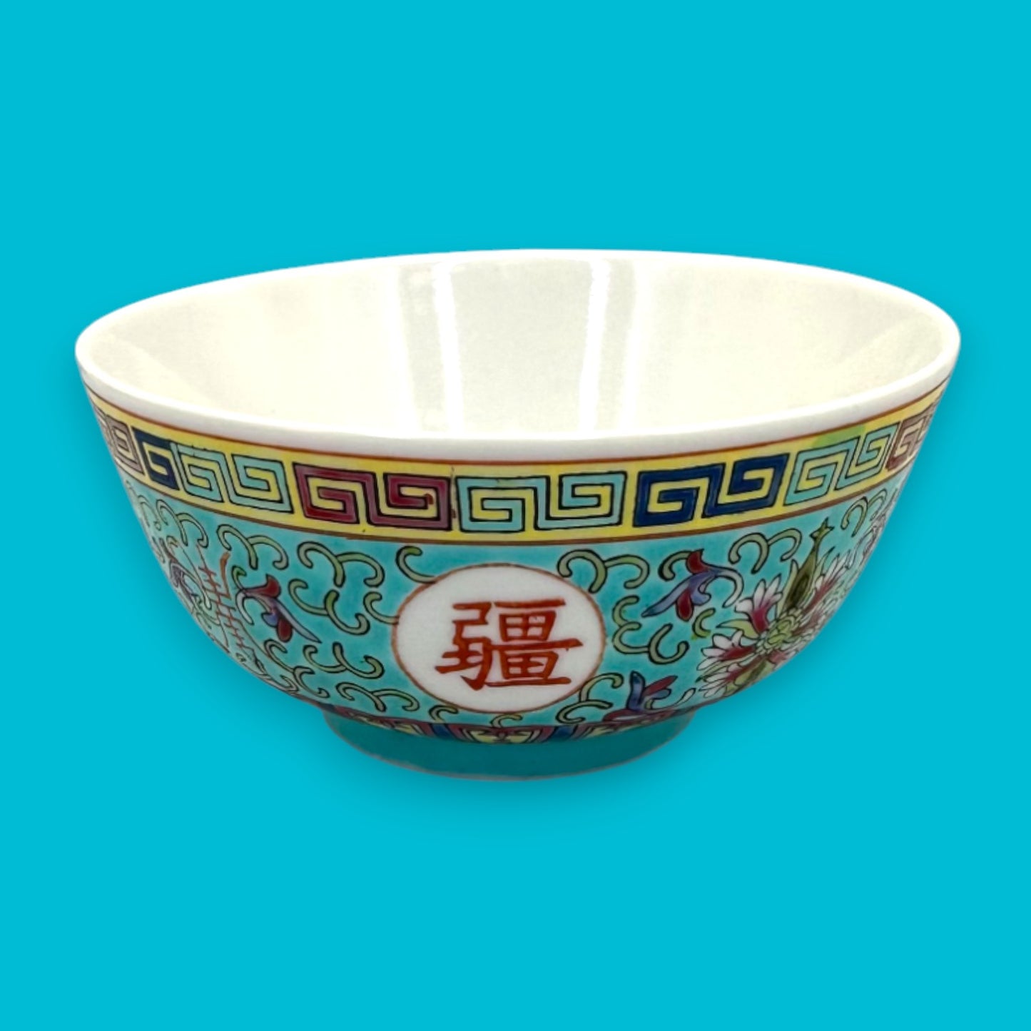 Vintage Chinese Mun Shou Porcelain Soup / Rice Bowl + Spoon – Longevity Pattern Turquoise