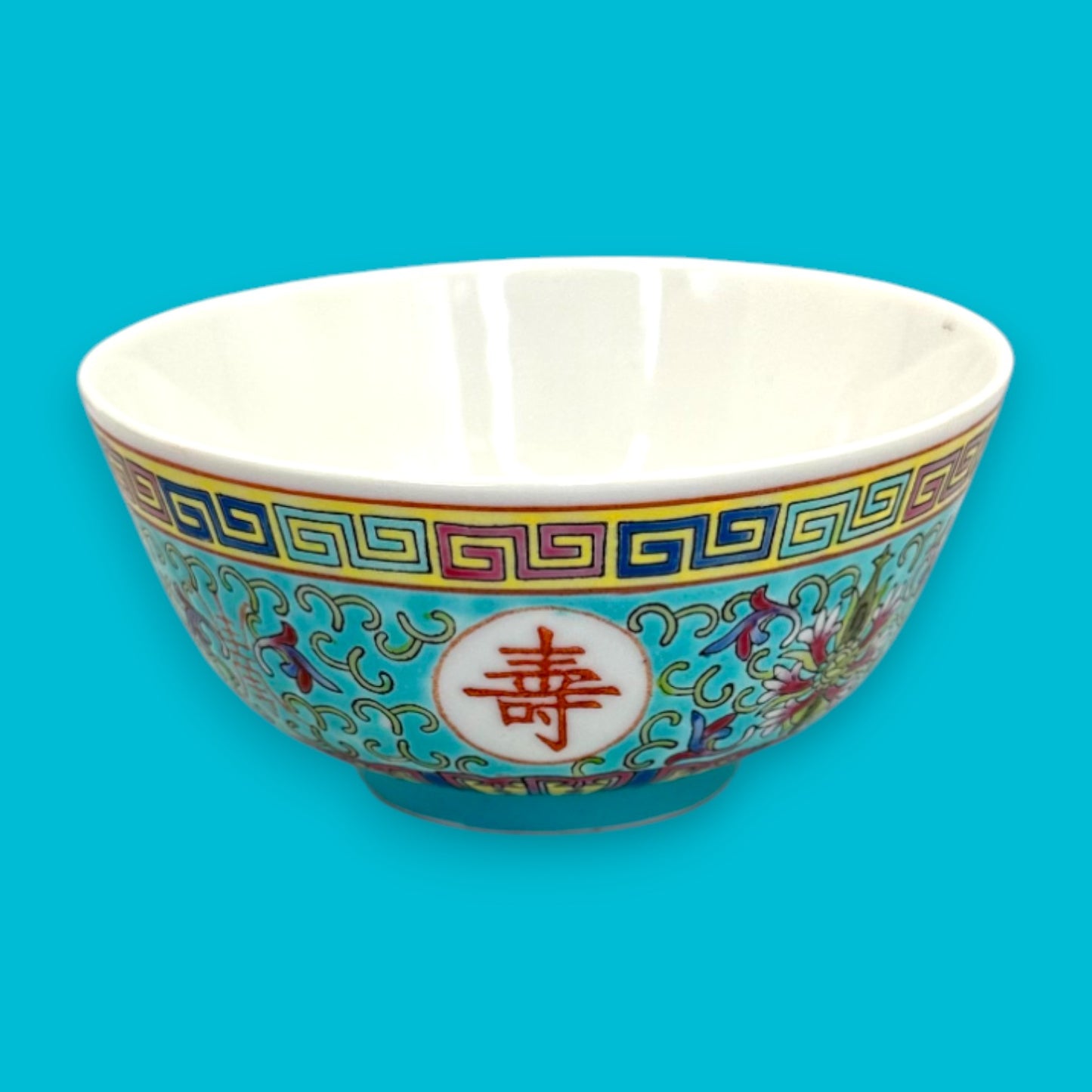 Vintage Chinese Mun Shou Porcelain Soup / Rice Bowl + Spoon – Longevity Pattern Turquoise