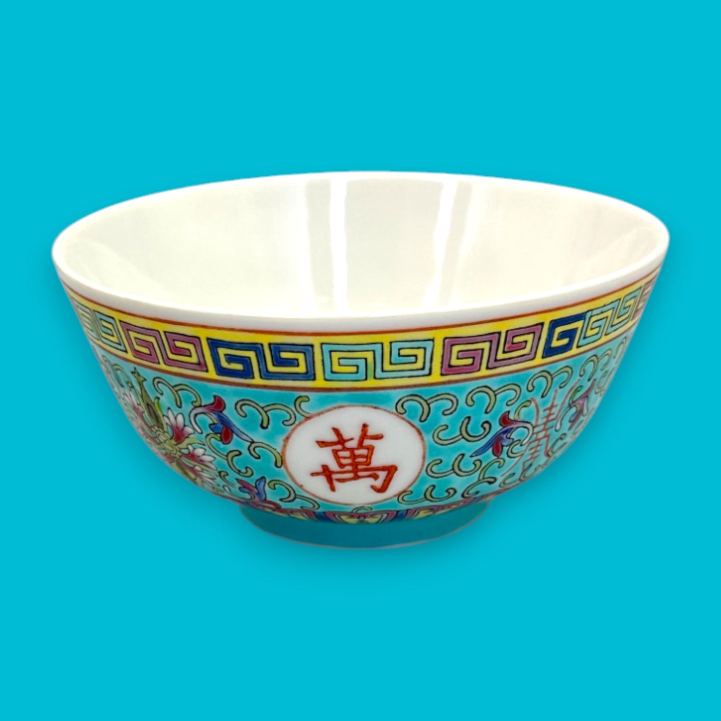 Vintage Chinese Mun Shou Porcelain Soup / Rice Bowl + Spoon – Longevity Pattern Turquoise