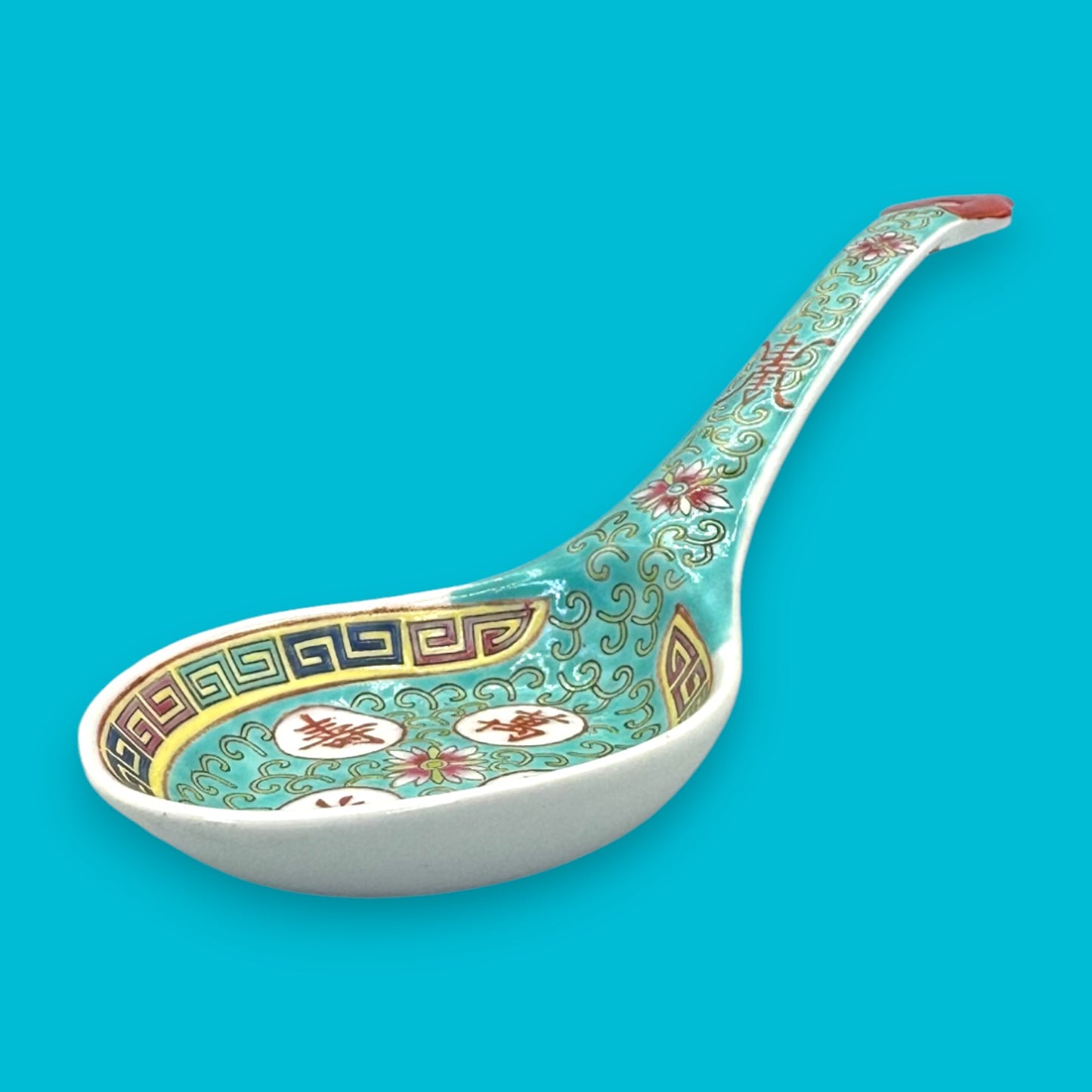 Vintage Chinese Mun Shou Porcelain Serving / Soup Spoon – Longevity Pattern Turquoise