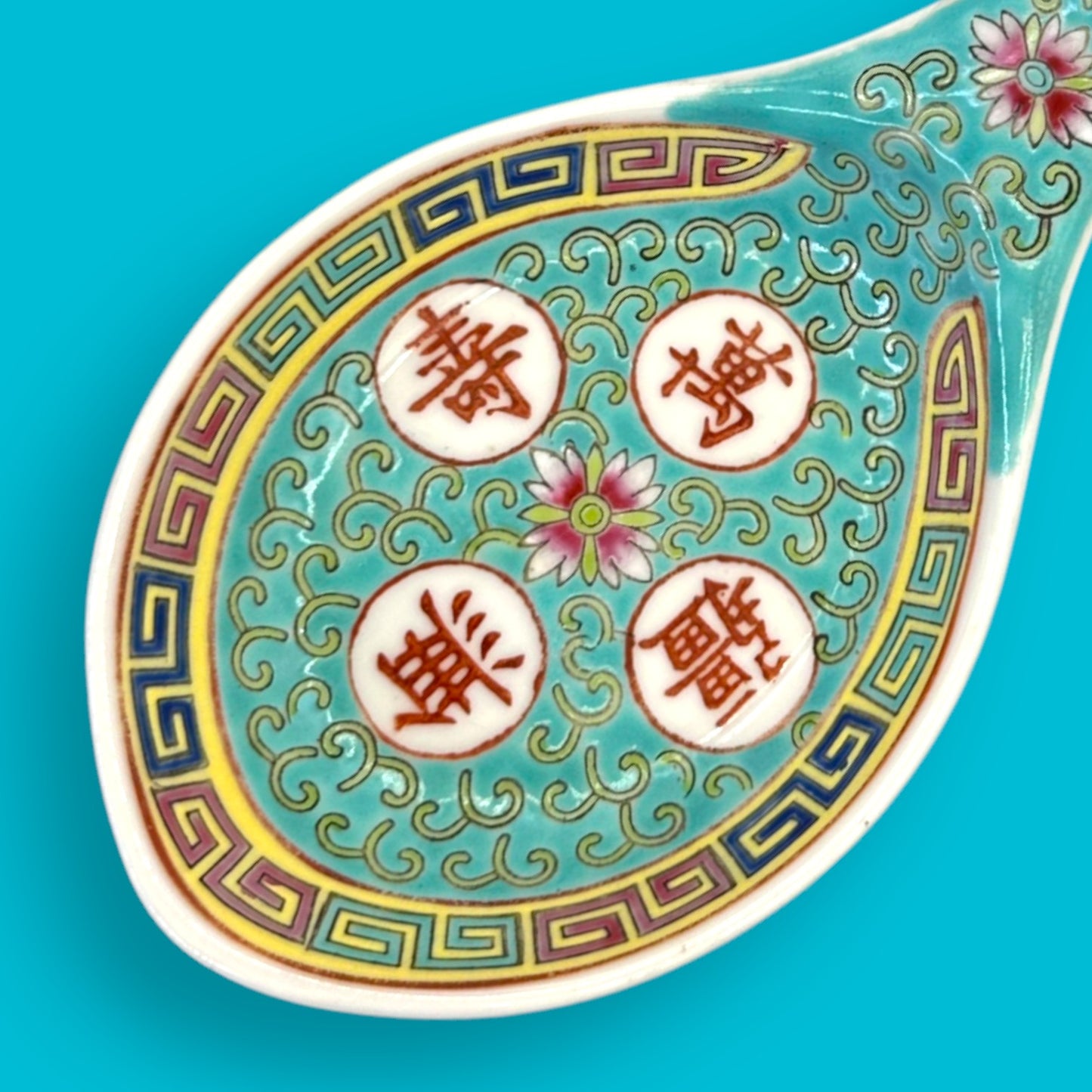Vintage Chinese Mun Shou Porcelain Serving / Soup Spoon – Longevity Pattern Turquoise