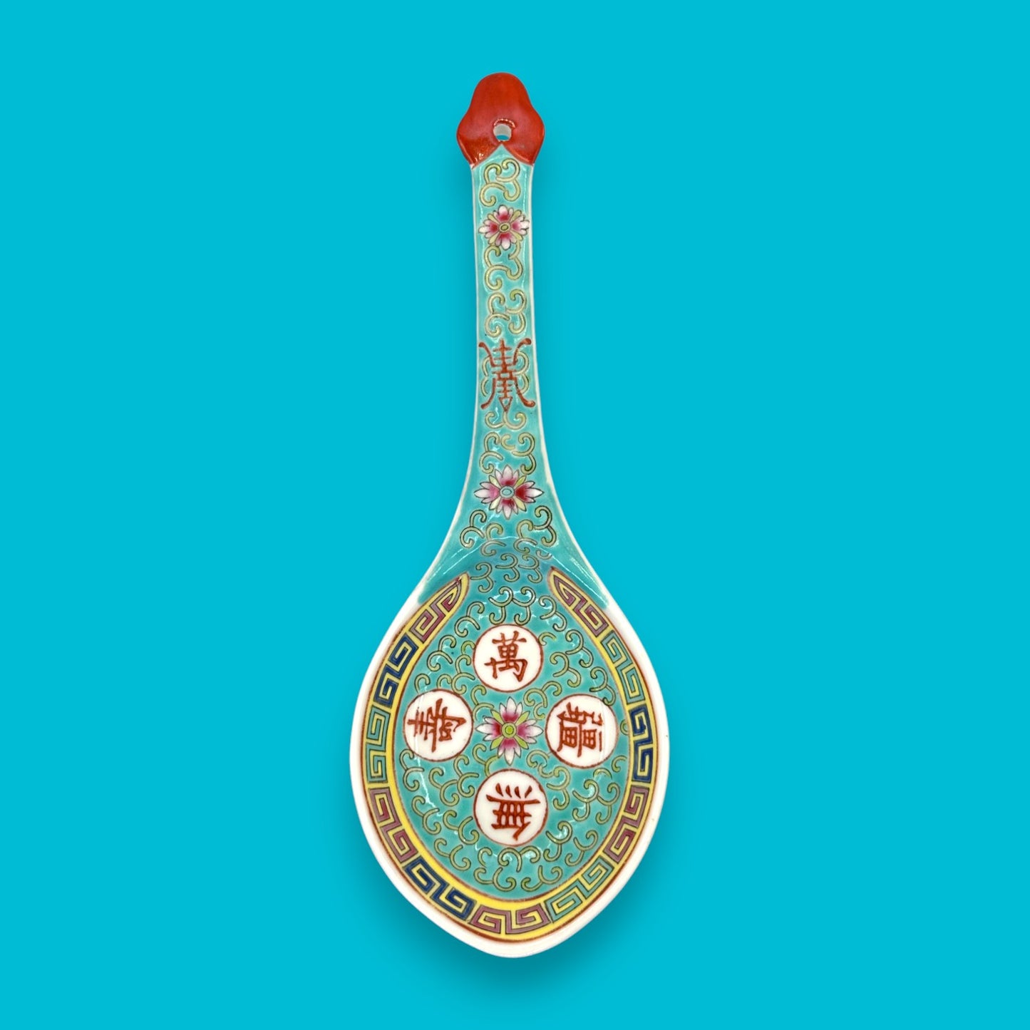 Vintage Chinese Mun Shou Porcelain Serving / Soup Spoon – Longevity Pattern Turquoise