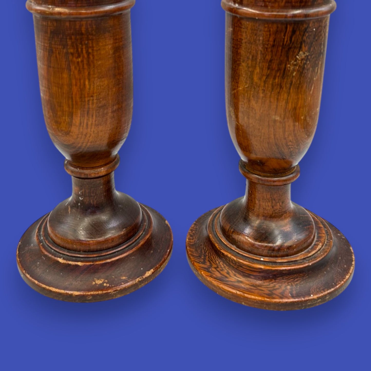 Pair of Antique Wooden Candlesticks - Oak Arts & Crafts 1900-1940