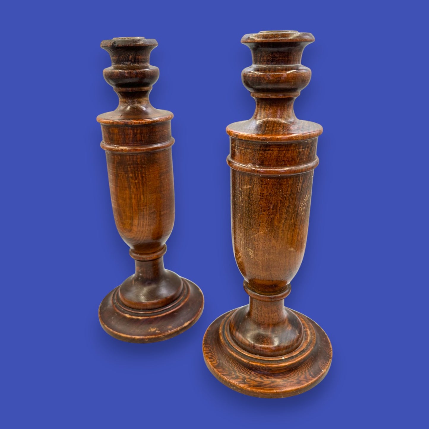 Pair of Antique Wooden Candlesticks - Oak Arts & Crafts 1900-1940