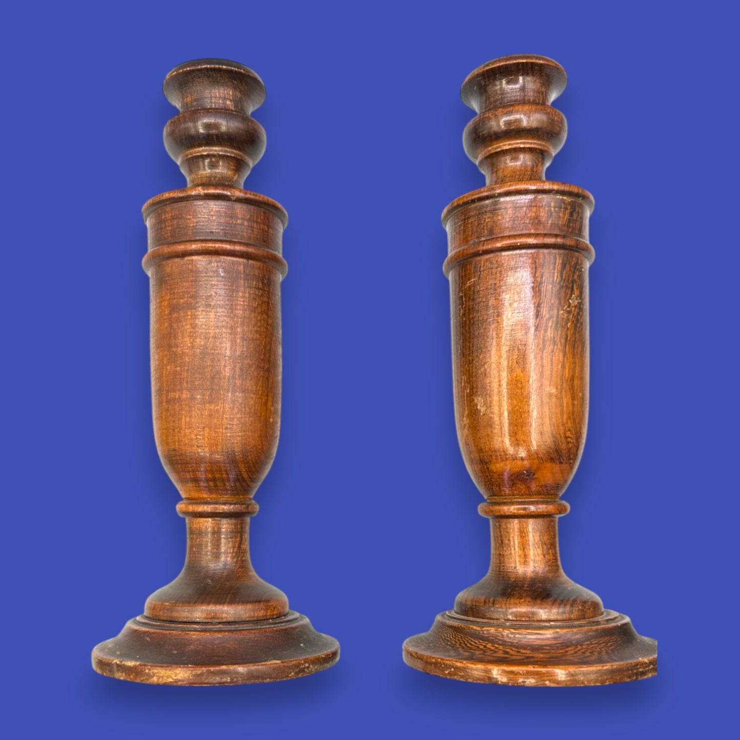 Pair of Antique Wooden Candlesticks - Oak Arts & Crafts 1900-1940