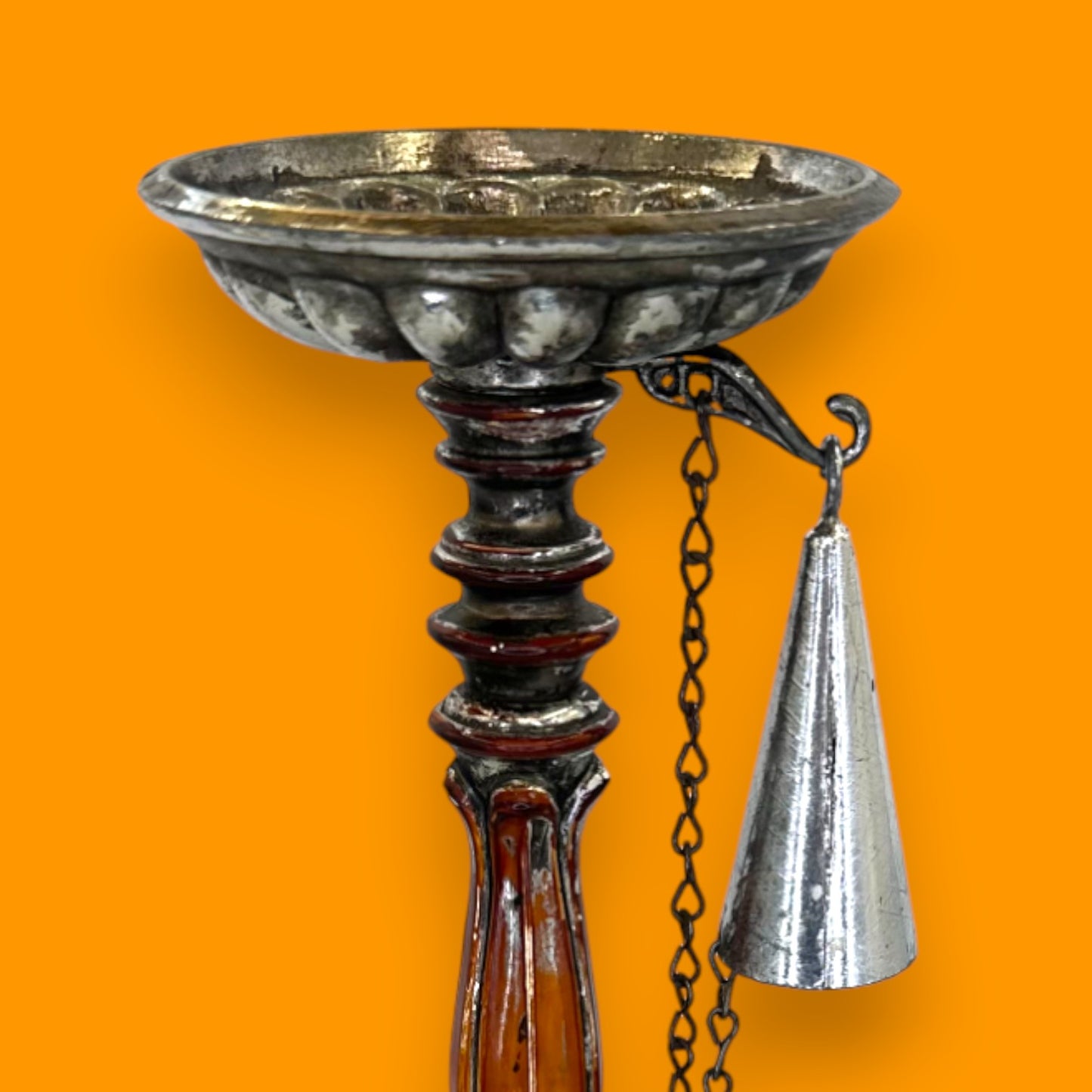 Vintage Dilly Silver Tone Cast Metal Pillar Candle Holder with Chained Snuffer