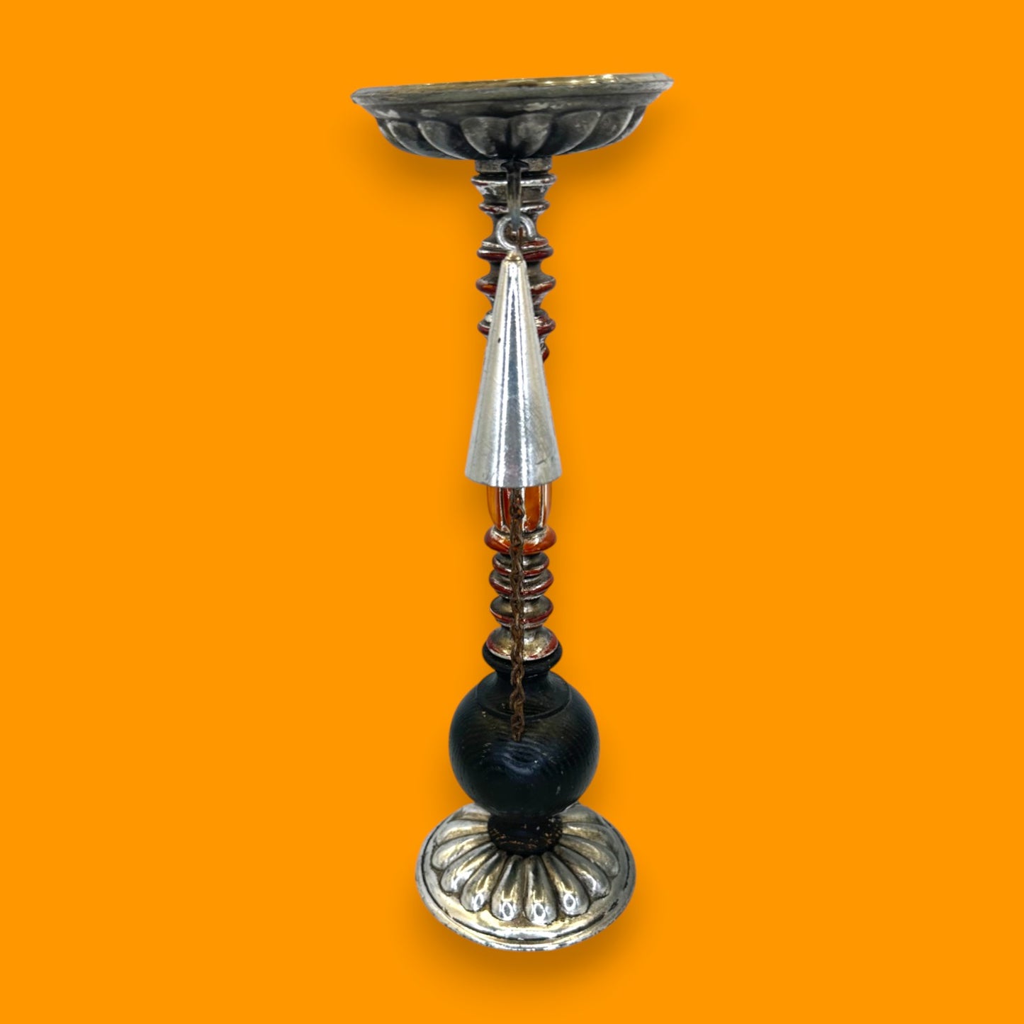 Vintage Dilly Silver Tone Cast Metal Pillar Candle Holder with Chained Snuffer