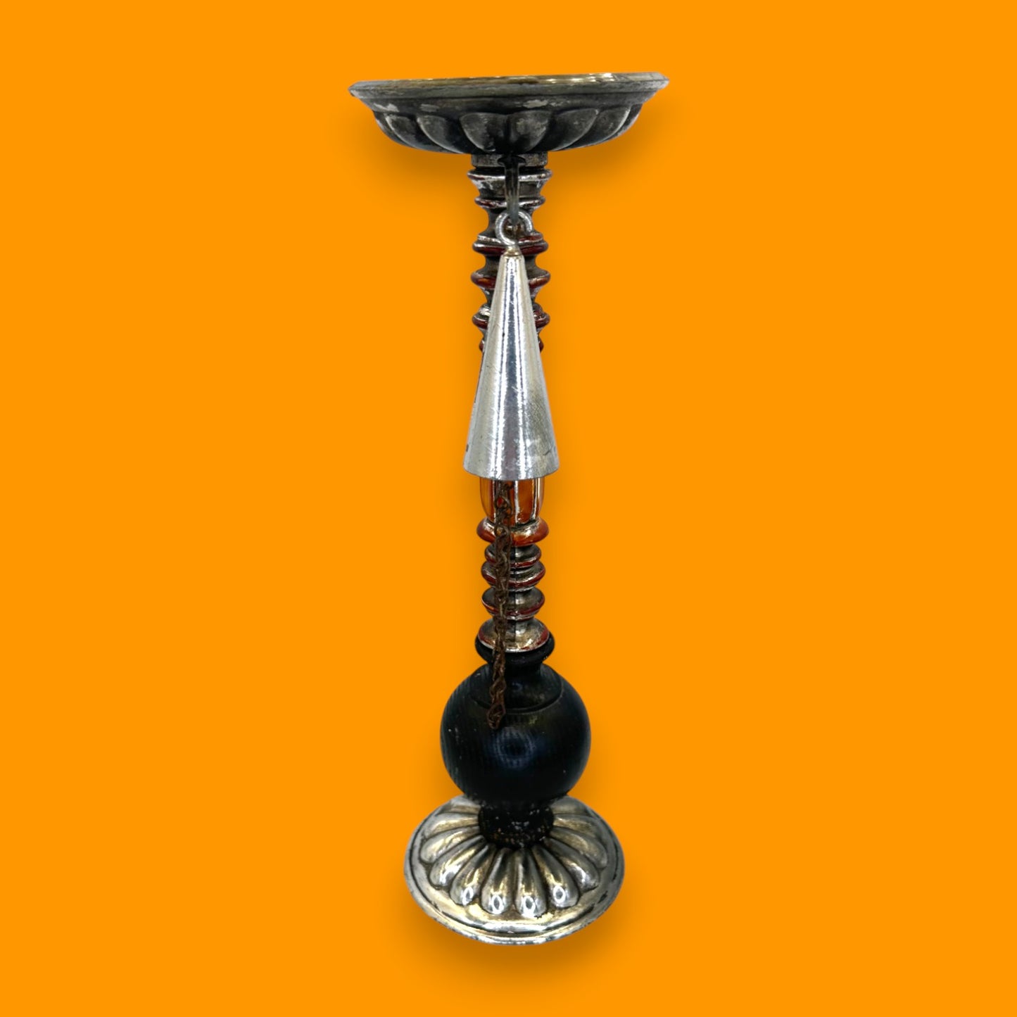 Vintage Dilly Silver Tone Cast Metal Pillar Candle Holder with Chained Snuffer
