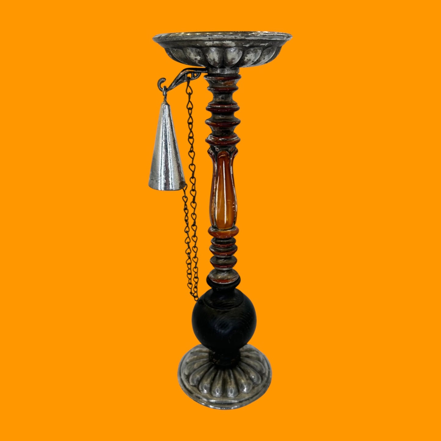 Vintage Dilly Silver Tone Cast Metal Pillar Candle Holder with Chained Snuffer