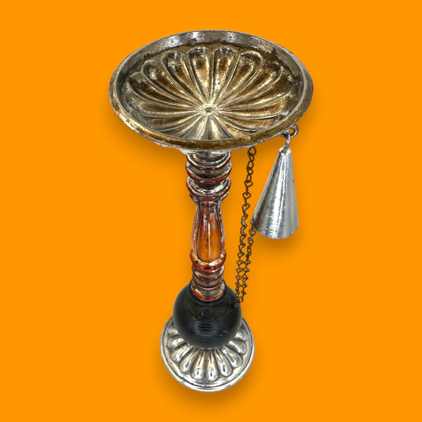 Vintage Dilly Silver Tone Cast Metal Pillar Candle Holder with Chained Snuffer