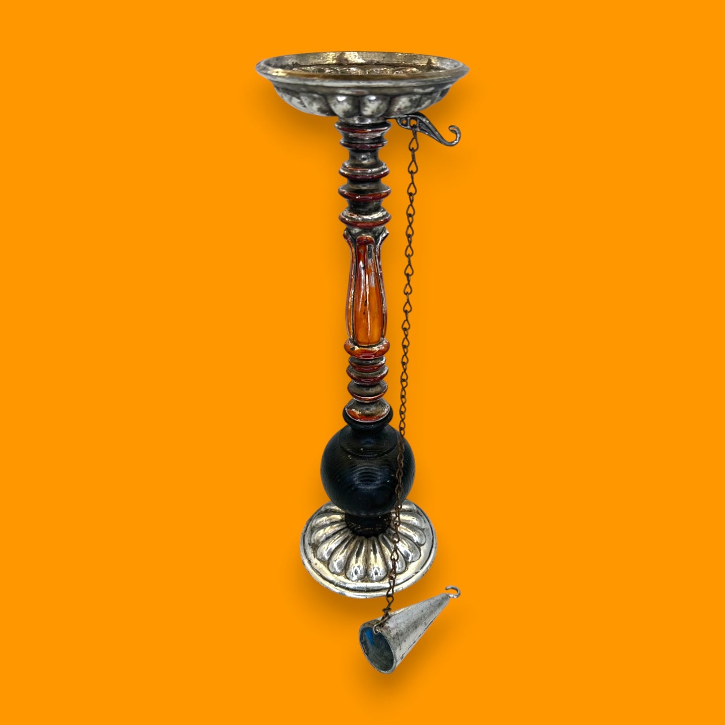 Vintage Dilly Silver Tone Cast Metal Pillar Candle Holder with Chained Snuffer