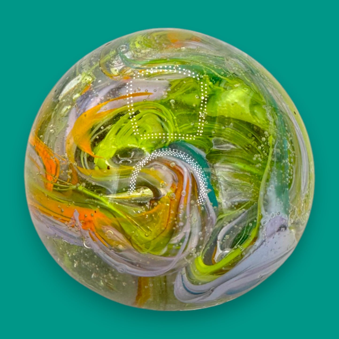 Vintage Green Brown Yellow Red Handblown Glass Swirls Paperweight