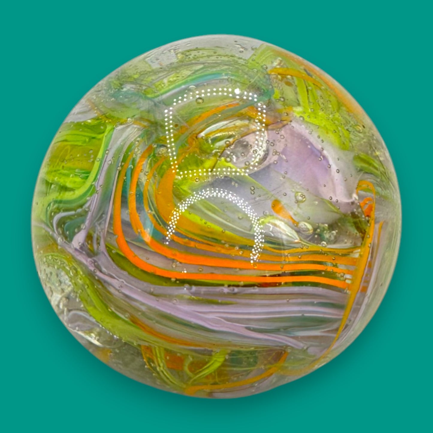 Vintage Green Brown Yellow Red Handblown Glass Swirls Paperweight