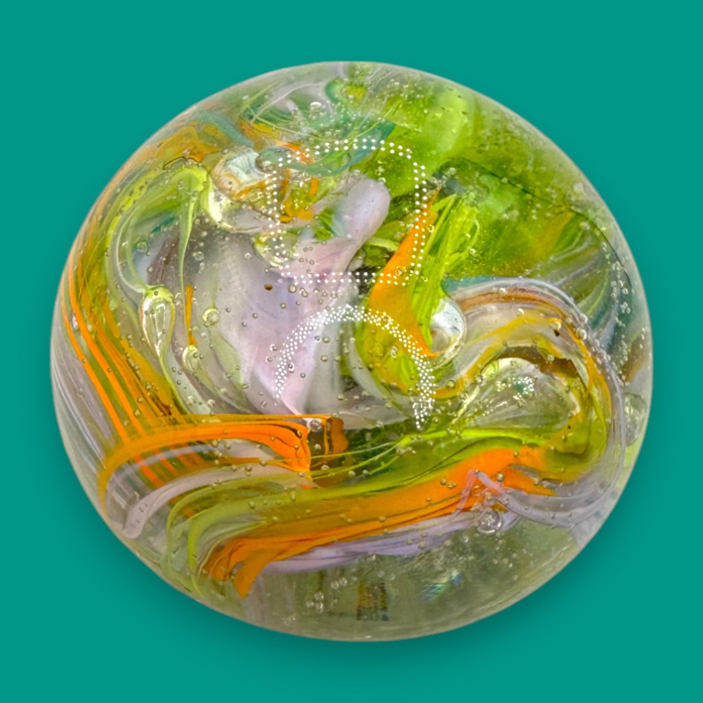 Vintage Green Brown Yellow Red Handblown Glass Swirls Paperweight
