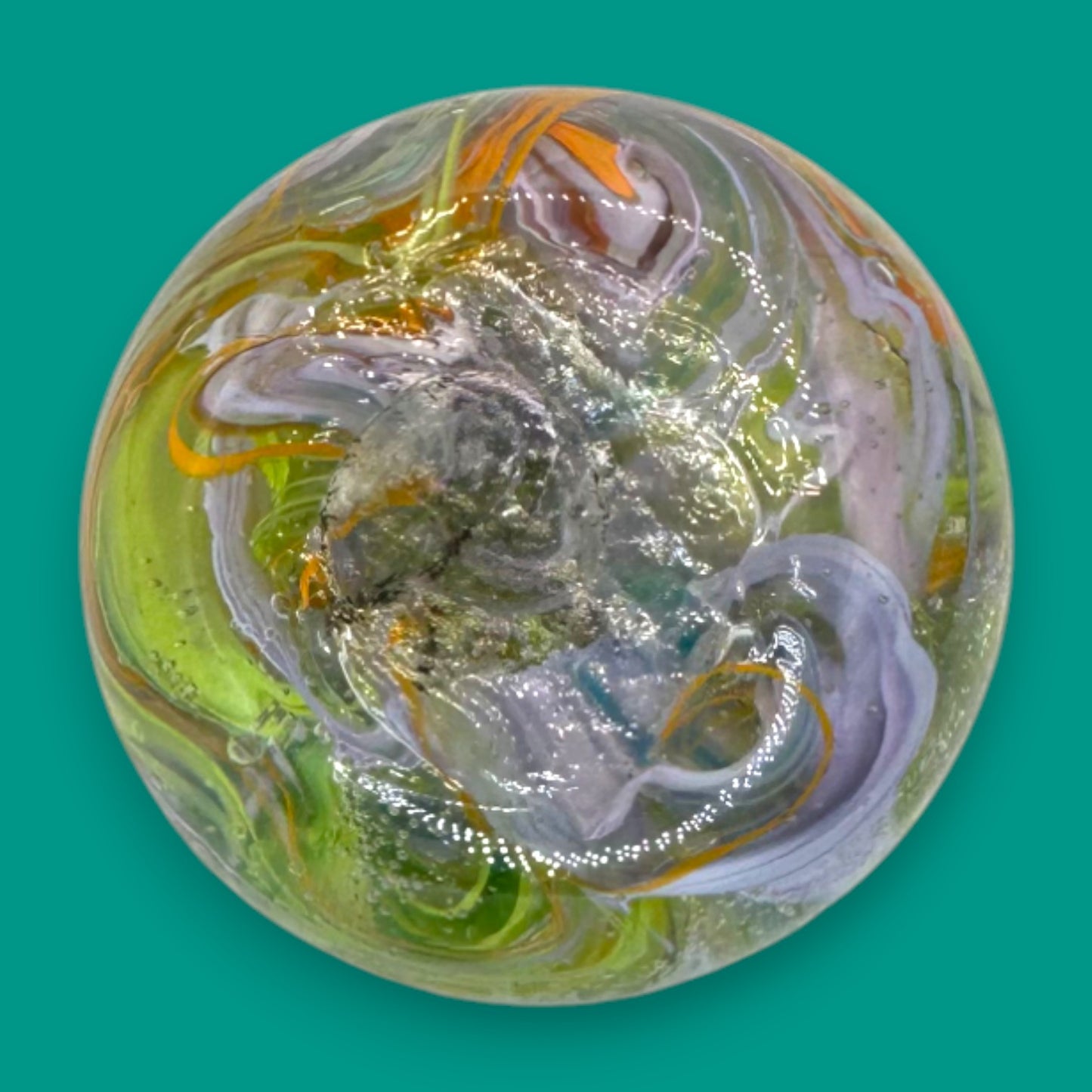 Vintage Green Brown Yellow Red Handblown Glass Swirls Paperweight