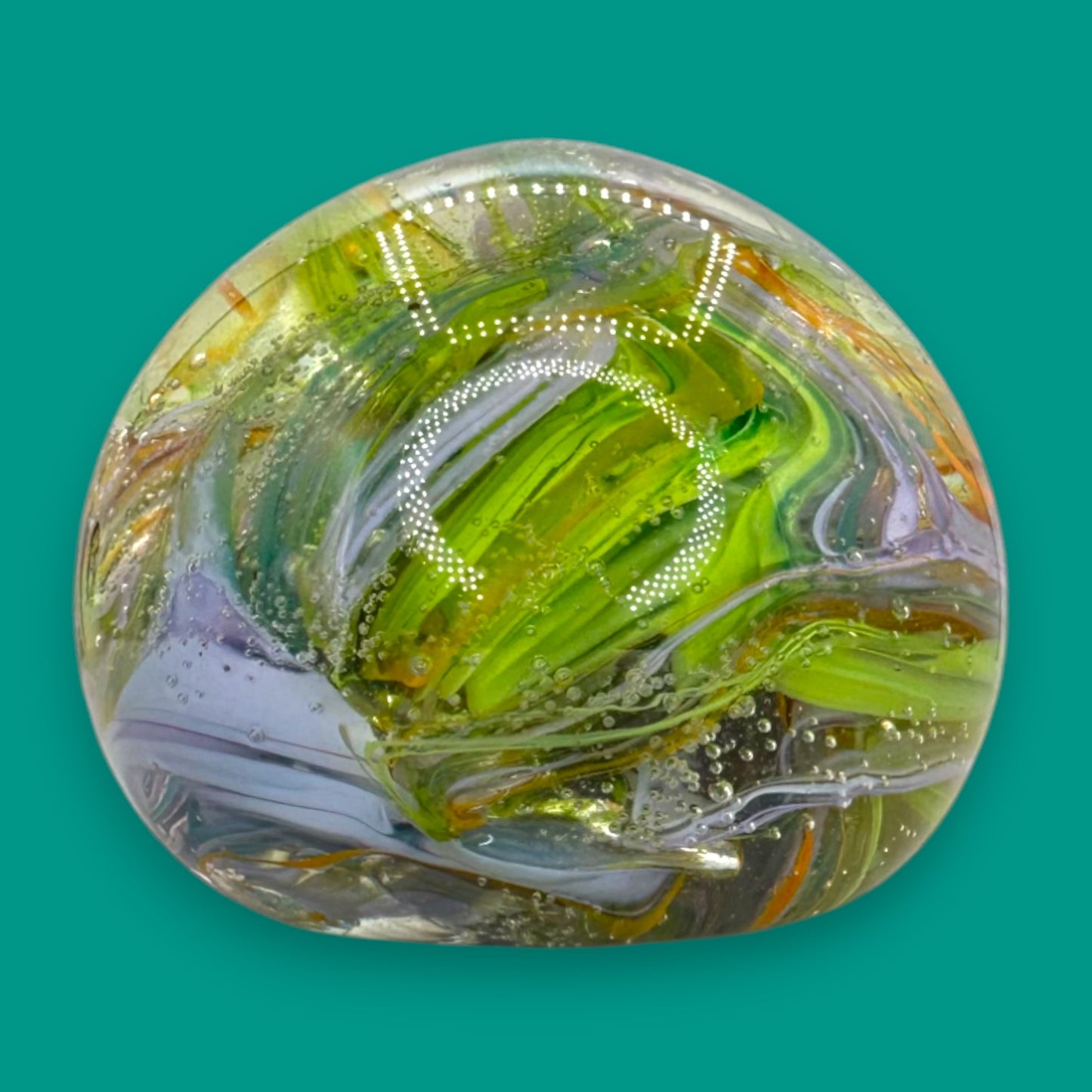 Vintage Green Brown Yellow Red Handblown Glass Swirls Paperweight