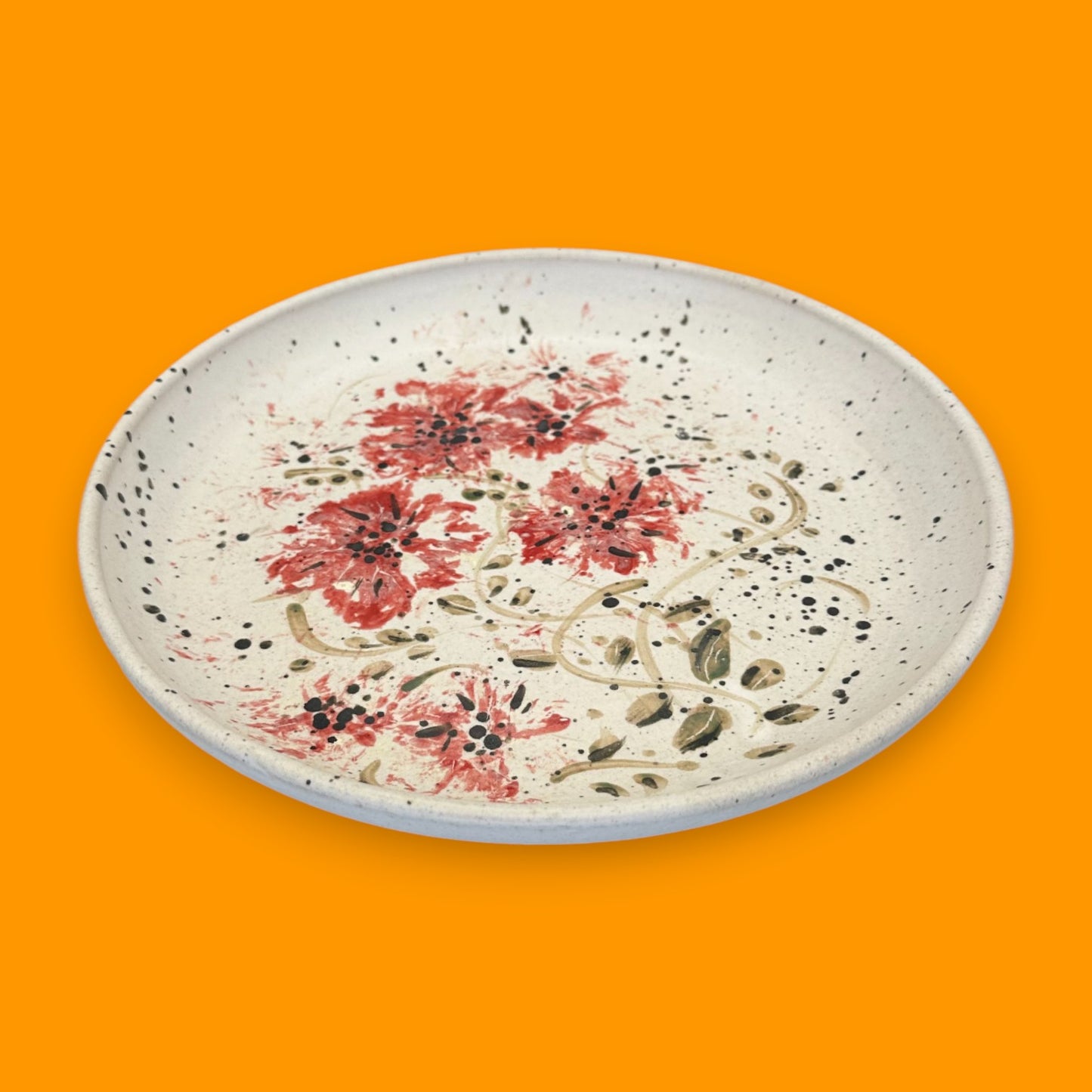 Vintage Stoneware Plate – Hand-Painted Red Floral Design (Five Flowers)