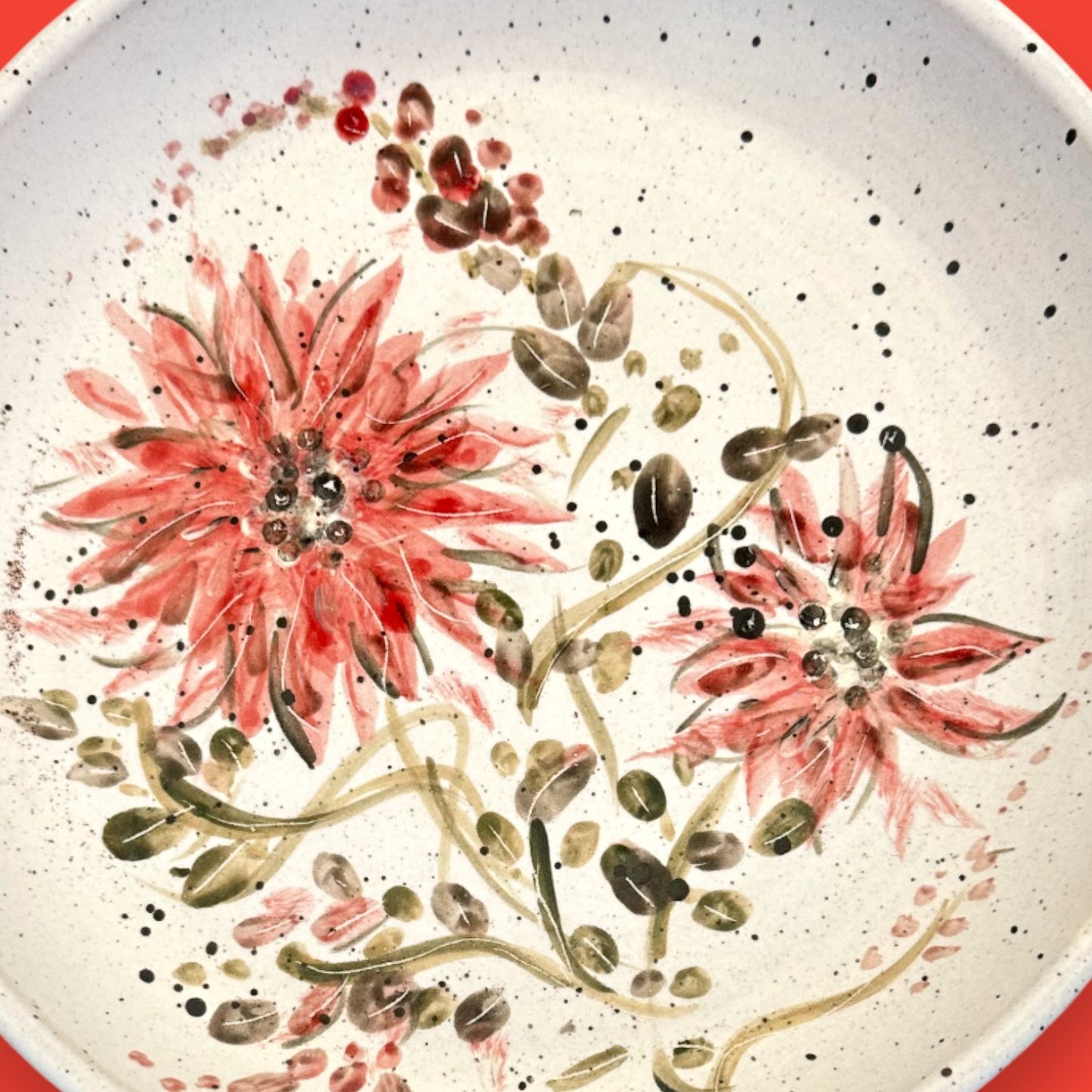 Vintage Stoneware Plate – Hand-Painted Red Floral Design