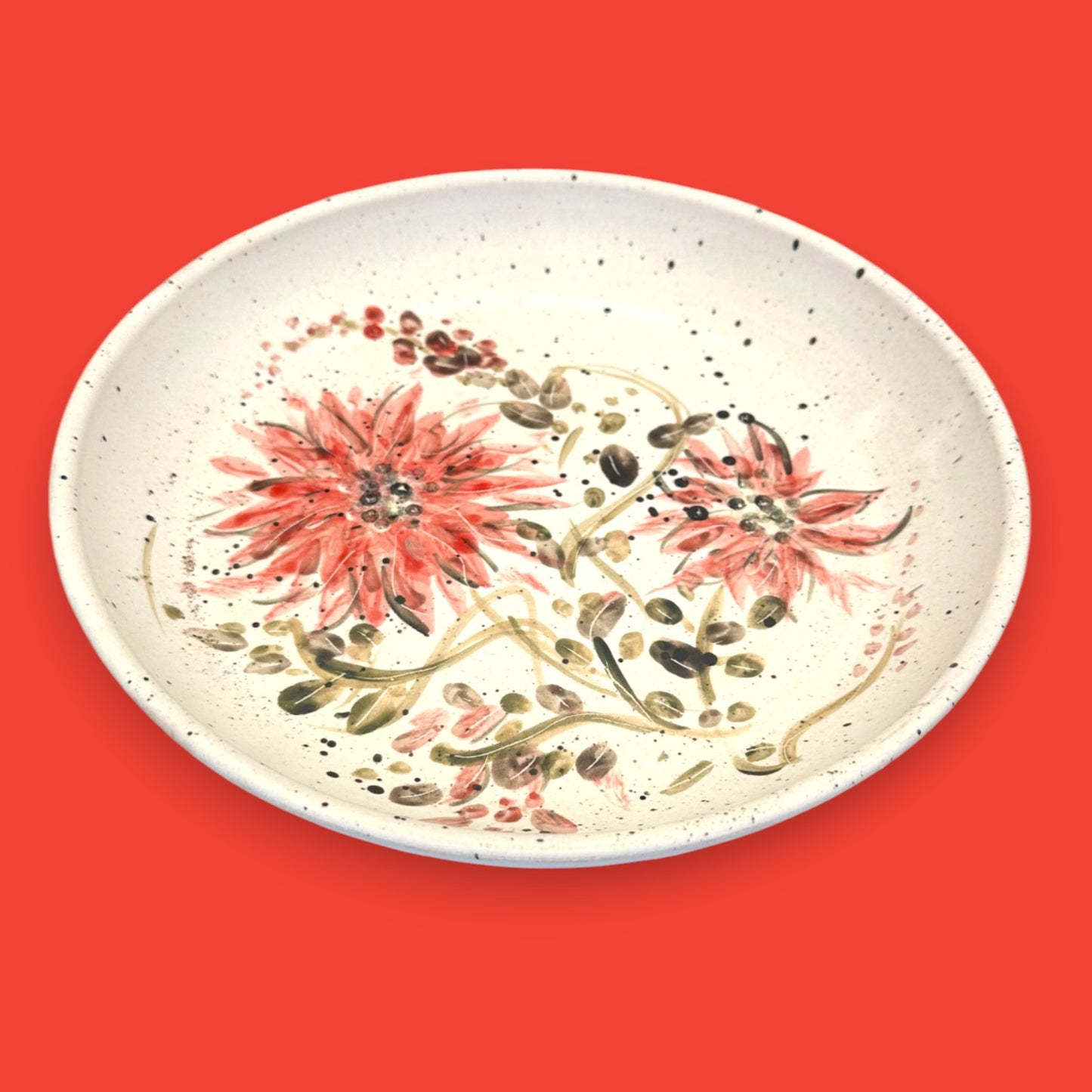 Vintage Stoneware Plate – Hand-Painted Red Floral Design