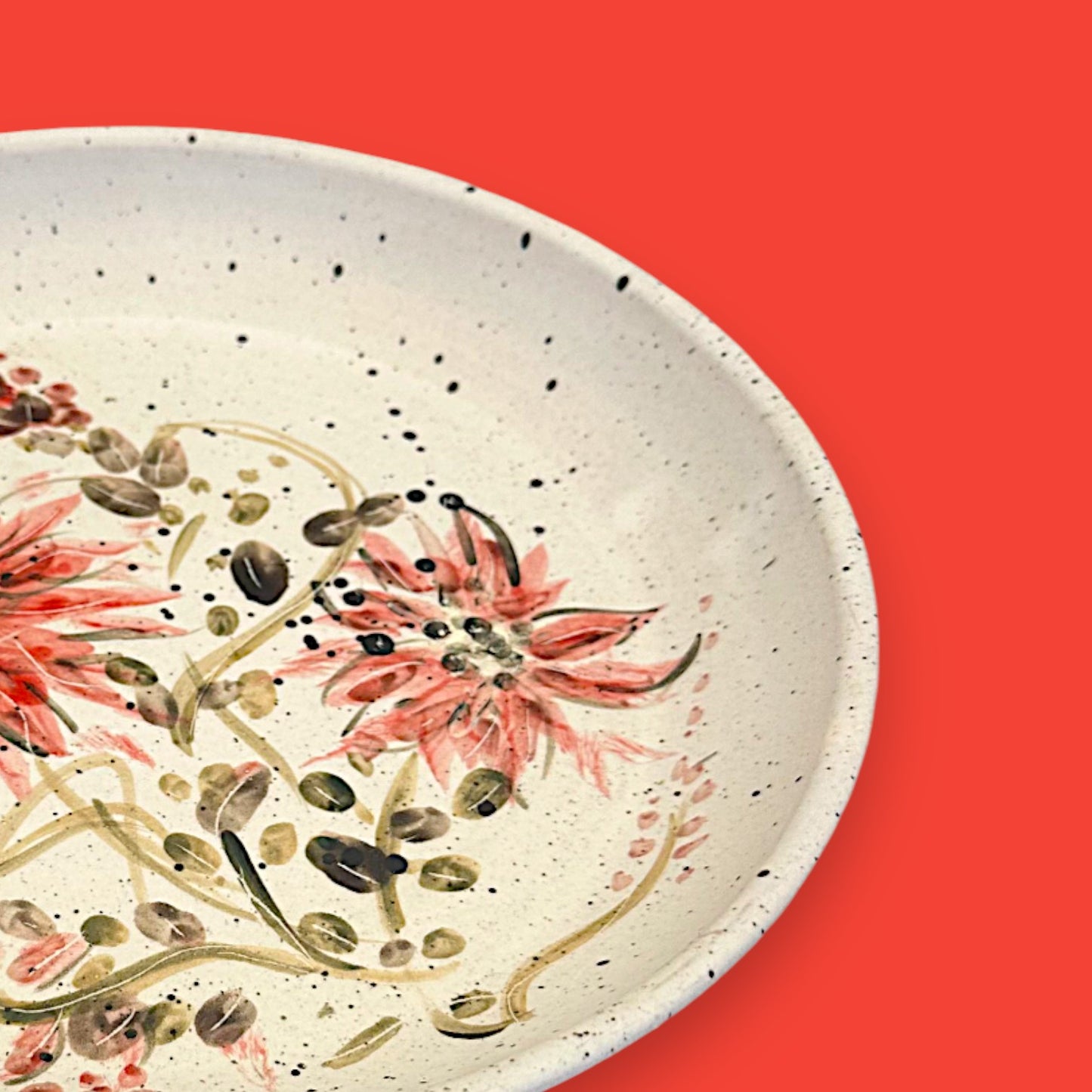 Vintage Stoneware Plate – Hand-Painted Red Floral Design