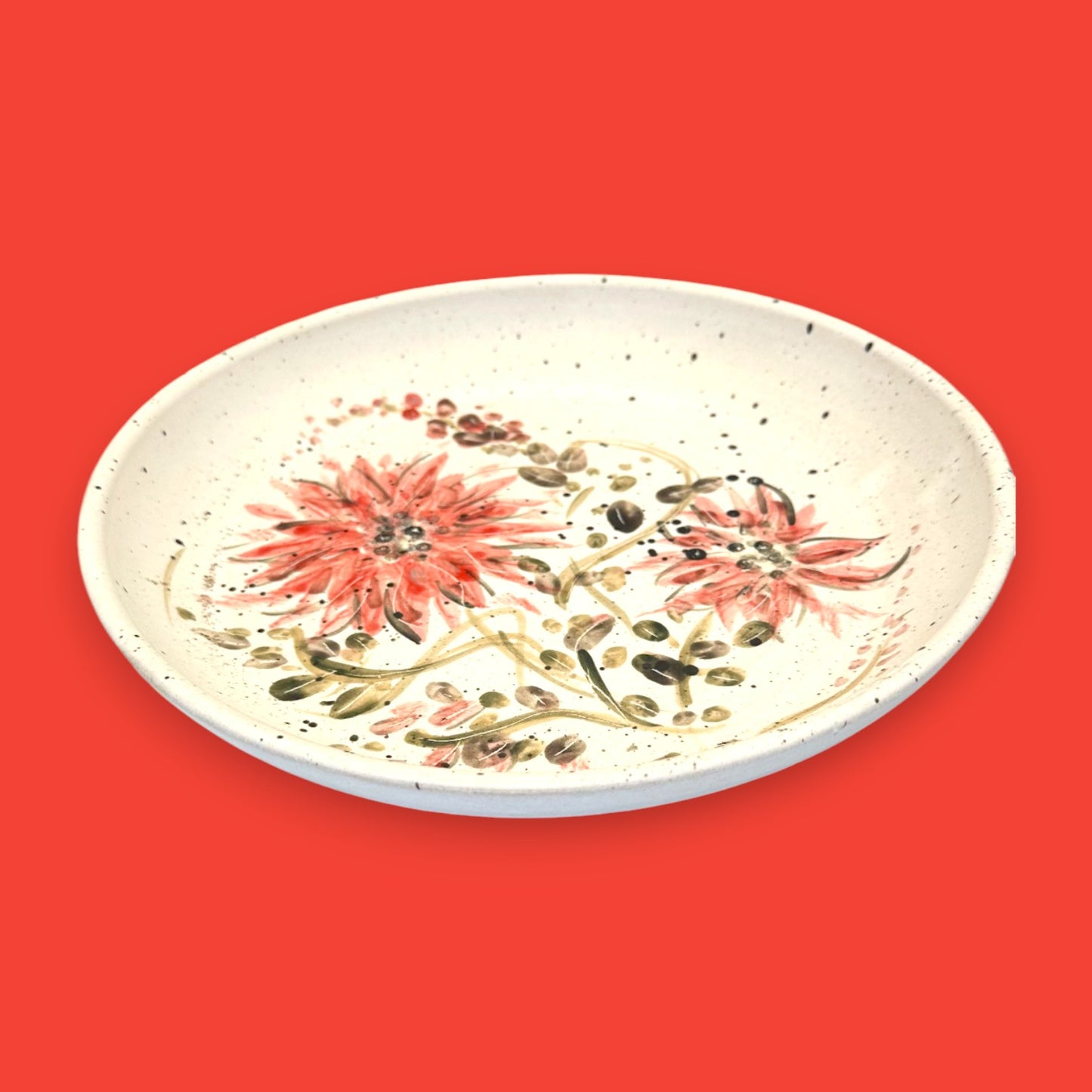 Vintage Stoneware Plate – Hand-Painted Red Floral Design