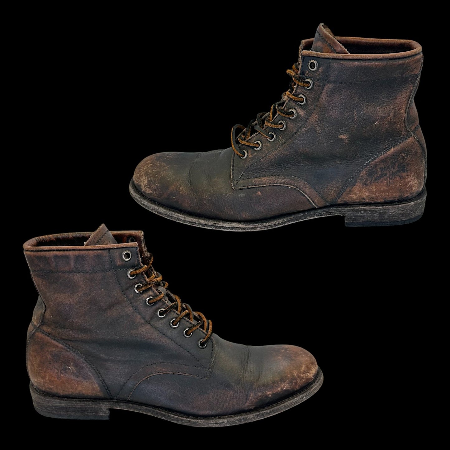 Freye Tyler Lace Up Boots - Black / Brown Distressed Leather 8.5 Mens