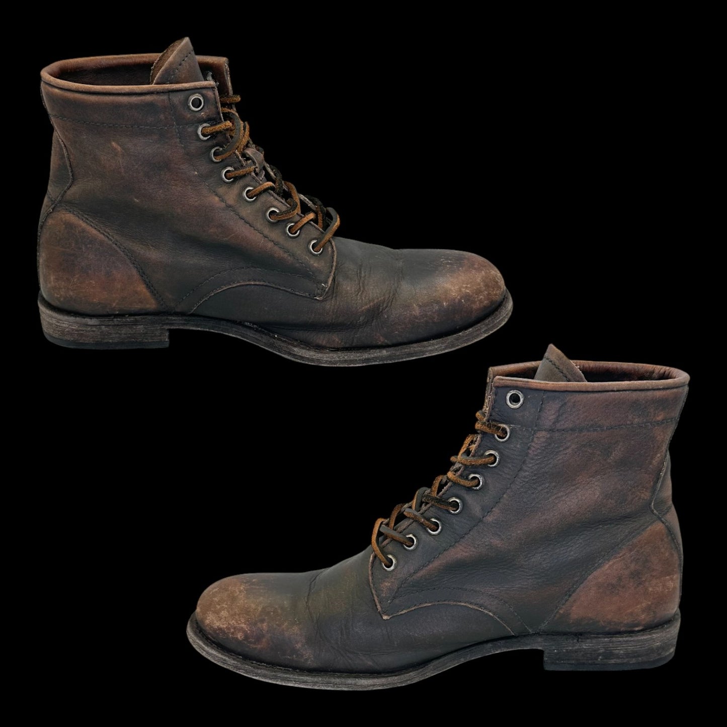 Freye Tyler Lace Up Boots - Black / Brown Distressed Leather 8.5 Mens