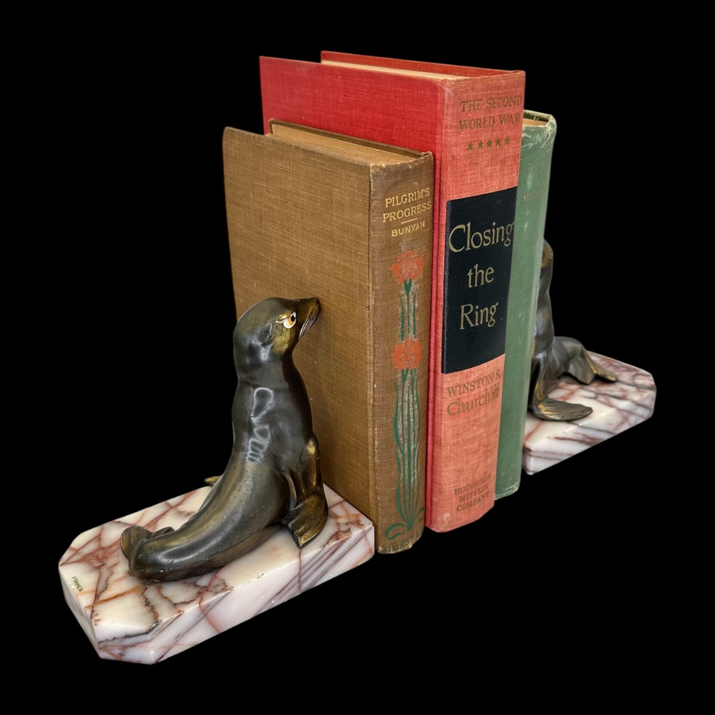 Pair of Brass Seal Bookends – Variegated Marble Base – Antique 1930’s Art Deco