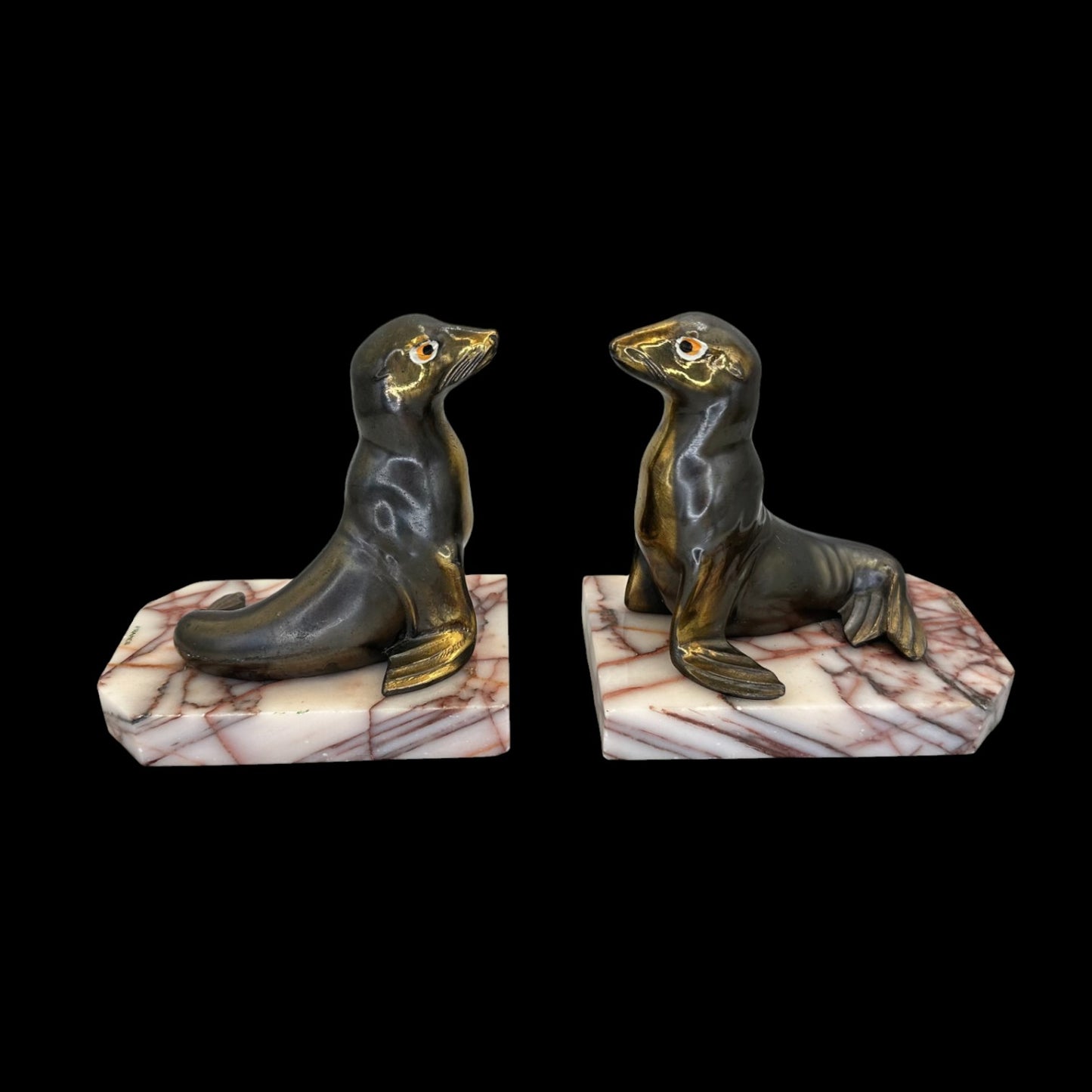 Pair of Brass Seal Bookends – Variegated Marble Base – Antique 1930’s Art Deco