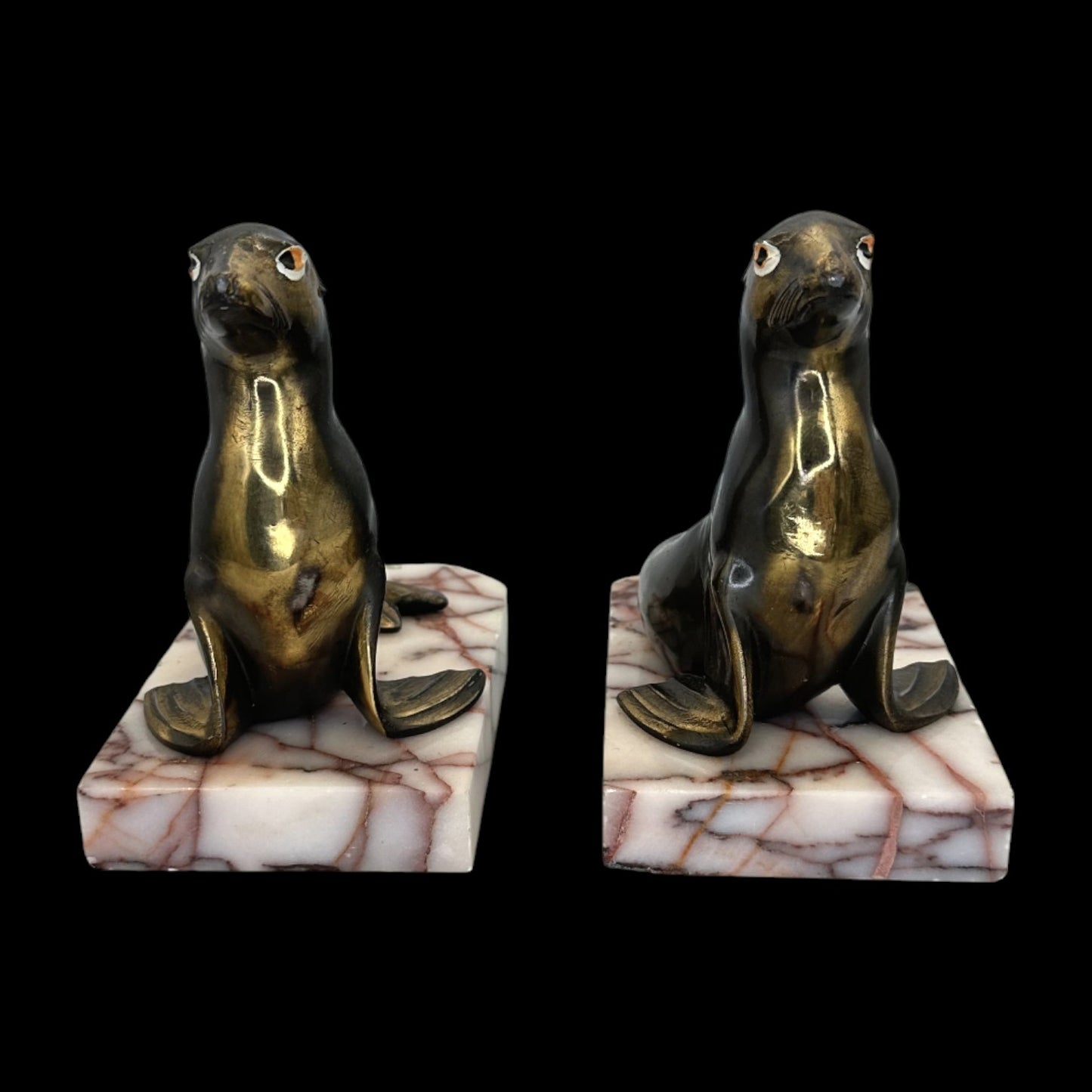 Pair of Brass Seal Bookends – Variegated Marble Base – Antique 1930’s Art Deco